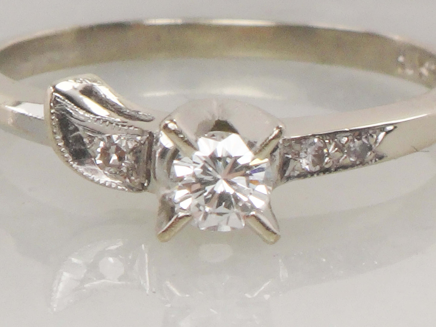 Vintage 4k White Gold Natural Diamond Engagement Ring, .16 Carat Round Diamond Size 5 3/4