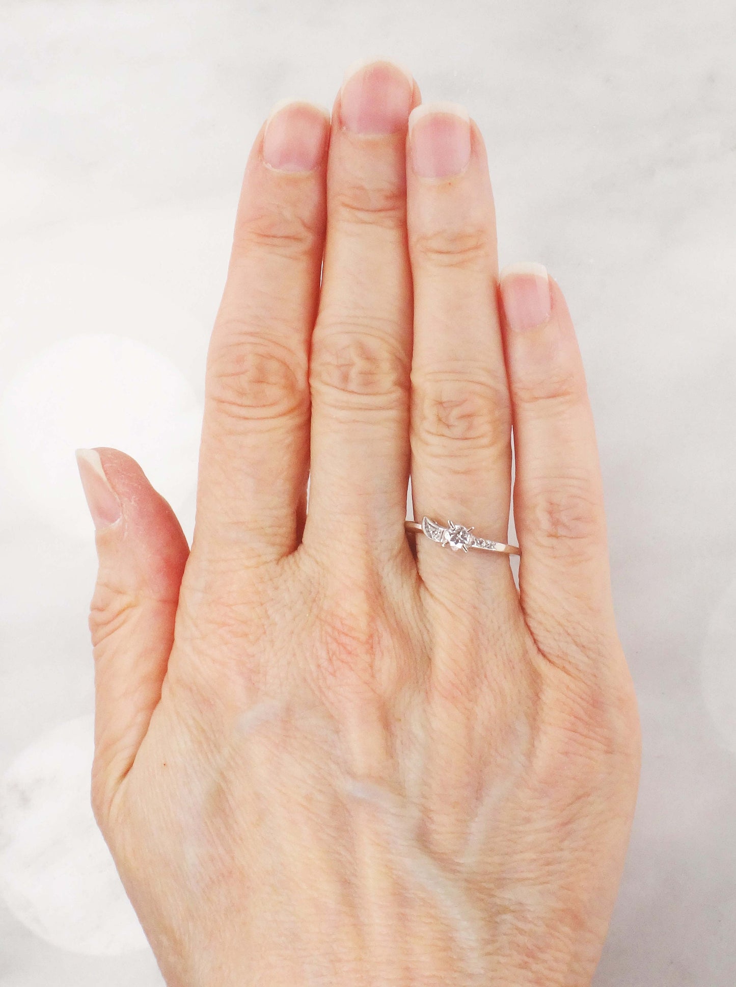 Vintage 4k White Gold Natural Diamond Engagement Ring, .16 Carat Round Diamond Size 5 3/4