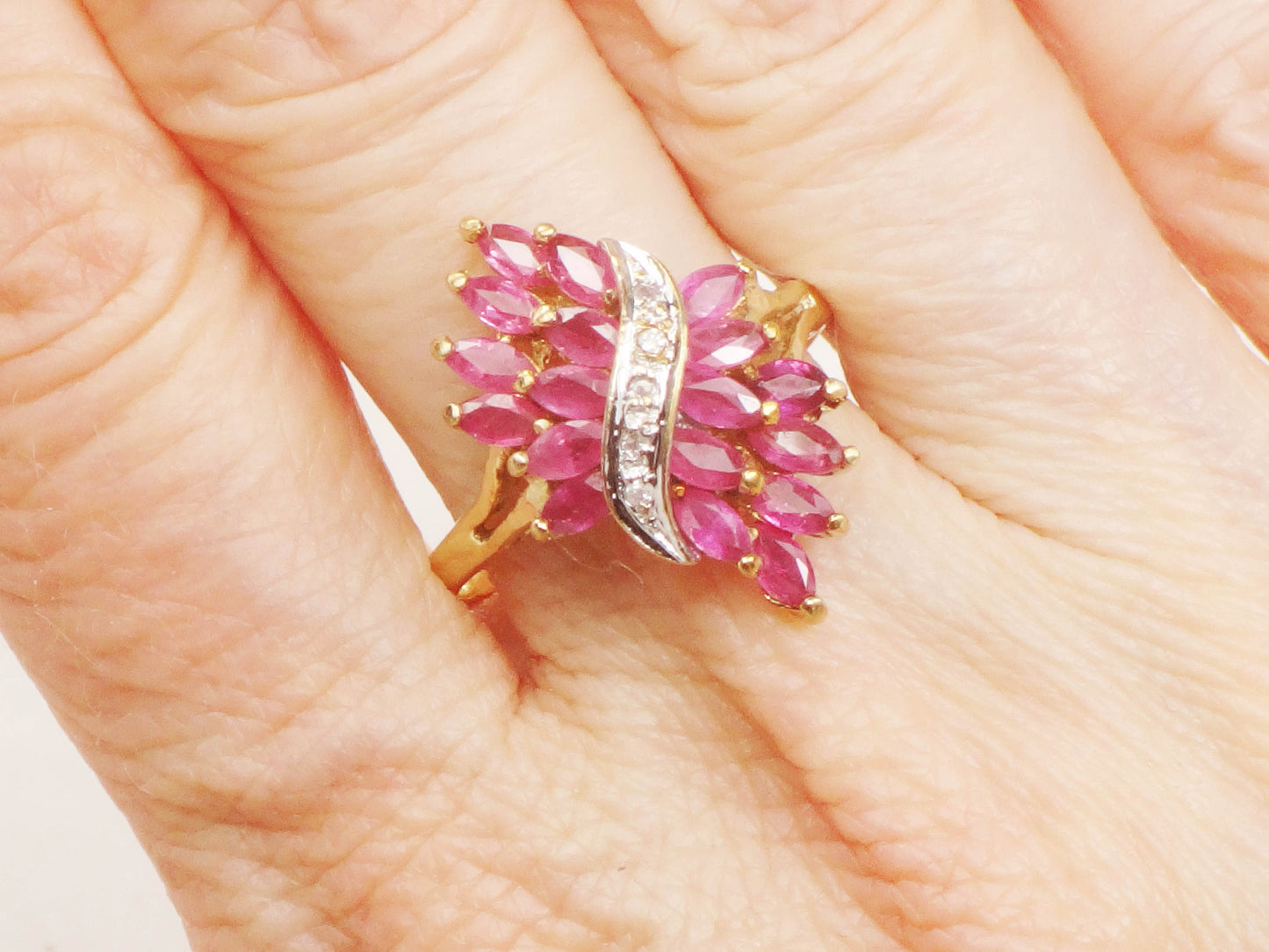 Vintage 10k Natural Ruby and Diamond Ring, Solid Gold Samuel Aaron Red Stone Ring, July Birthstone Cluster Ring Size 8.75