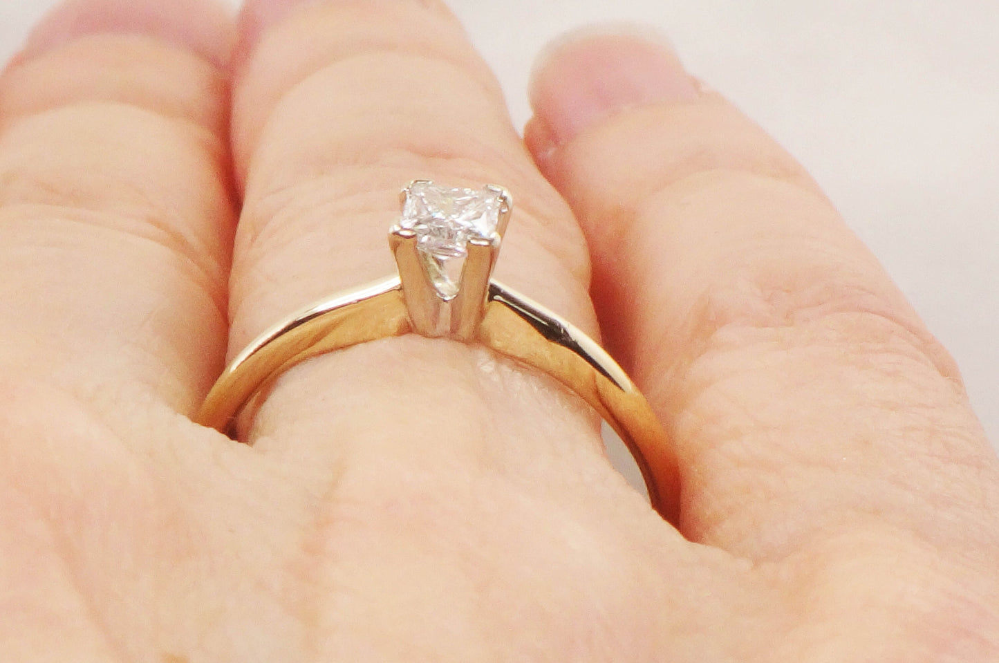 Vintage 14k Princess Cut Natural Diamond Engagement Ring Two Tone Gold Square Diamond Ring .33 CT Diamond Size 8.75