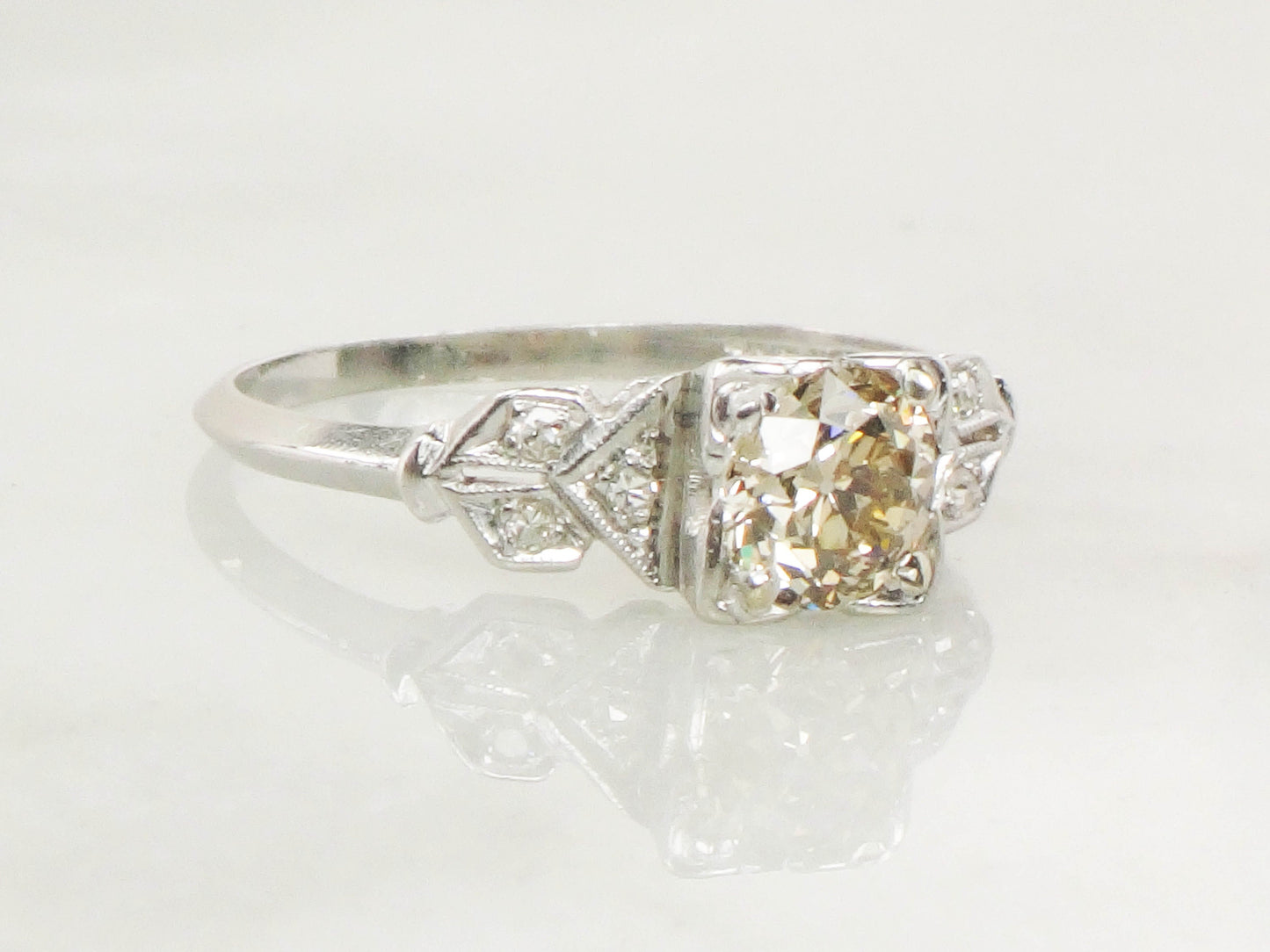 Vintage Diamond Engagement Ring Art Deco Diamond Engagement Ring Light Brown Old European GIA Certified Diamond Platinum Engagement Ring