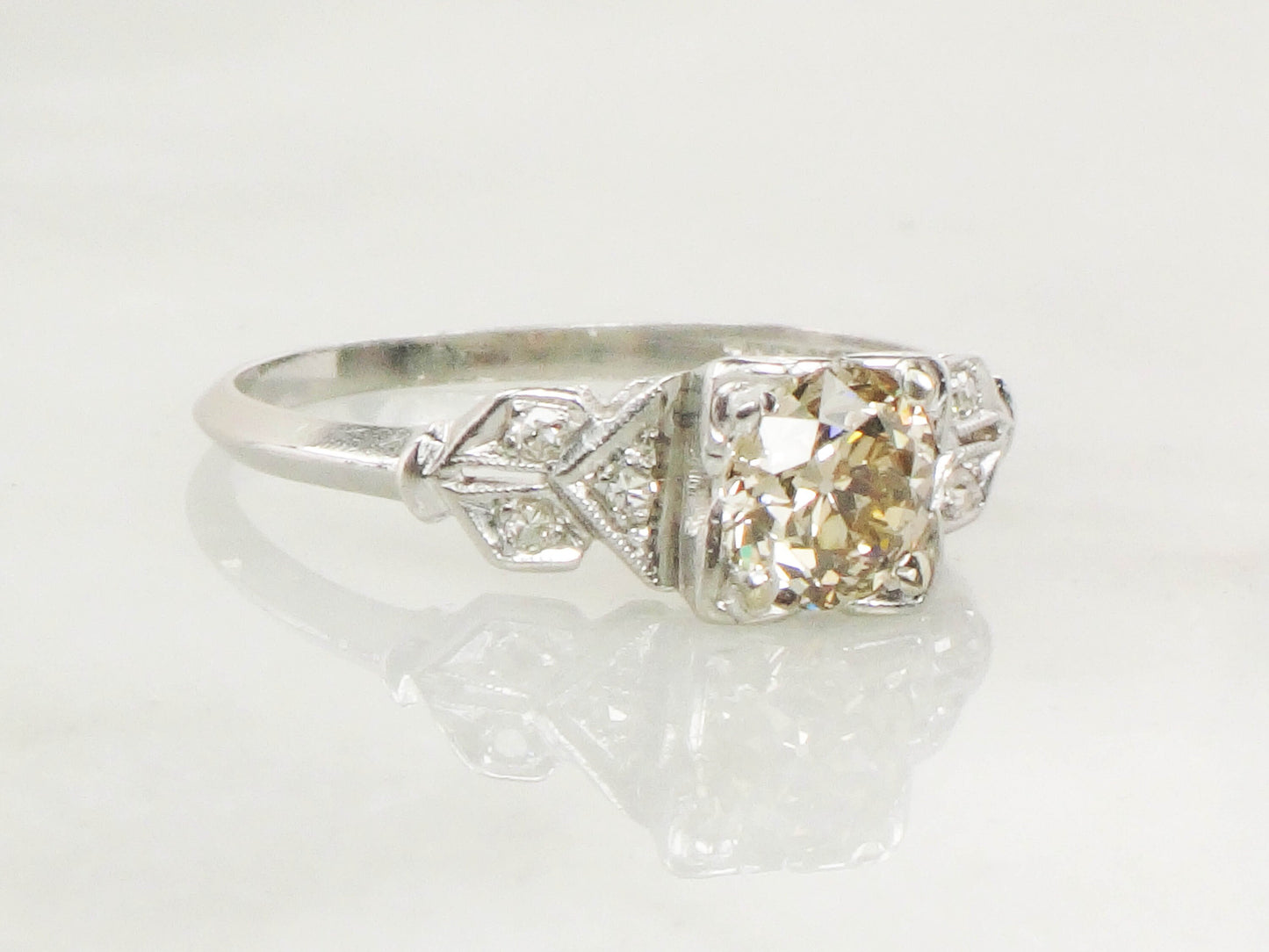 Vintage Diamond Engagement Ring Art Deco Diamond Engagement Ring Light Brown Old European GIA Certified Diamond Platinum Engagement Ring