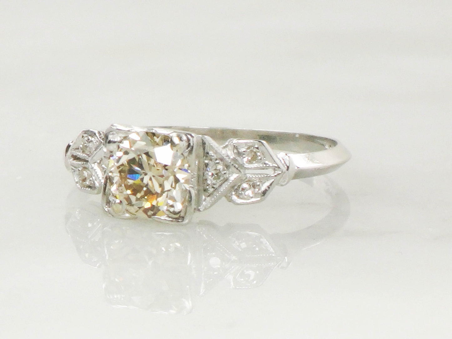 Vintage Diamond Engagement Ring Art Deco Diamond Engagement Ring Light Brown Old European GIA Certified Diamond Platinum Engagement Ring