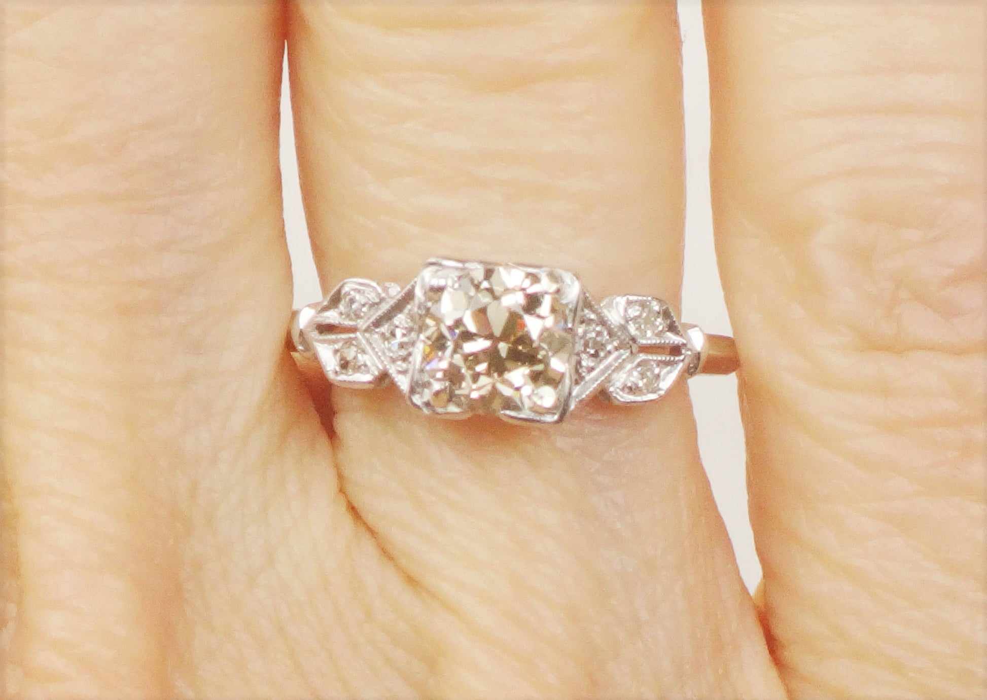 Vintage Diamond Engagement Ring Art Deco Diamond Engagement Ring Light Brown Old European GIA Certified Diamond Platinum Engagement Ring