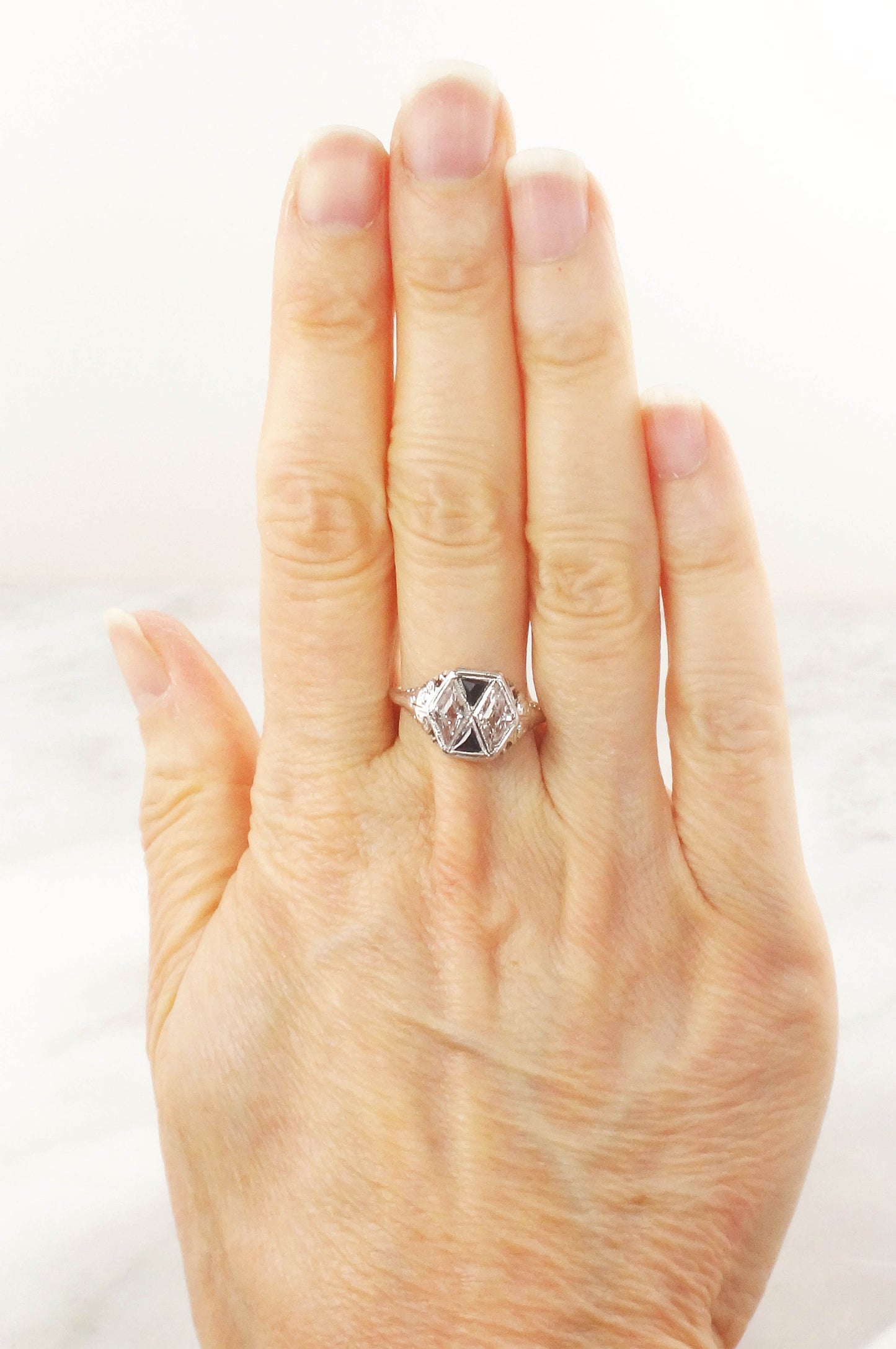 Art Deco 18k White Gold White and Blue Sapphire Ring - Filigree Ring Circa 1920's - Size 7.25