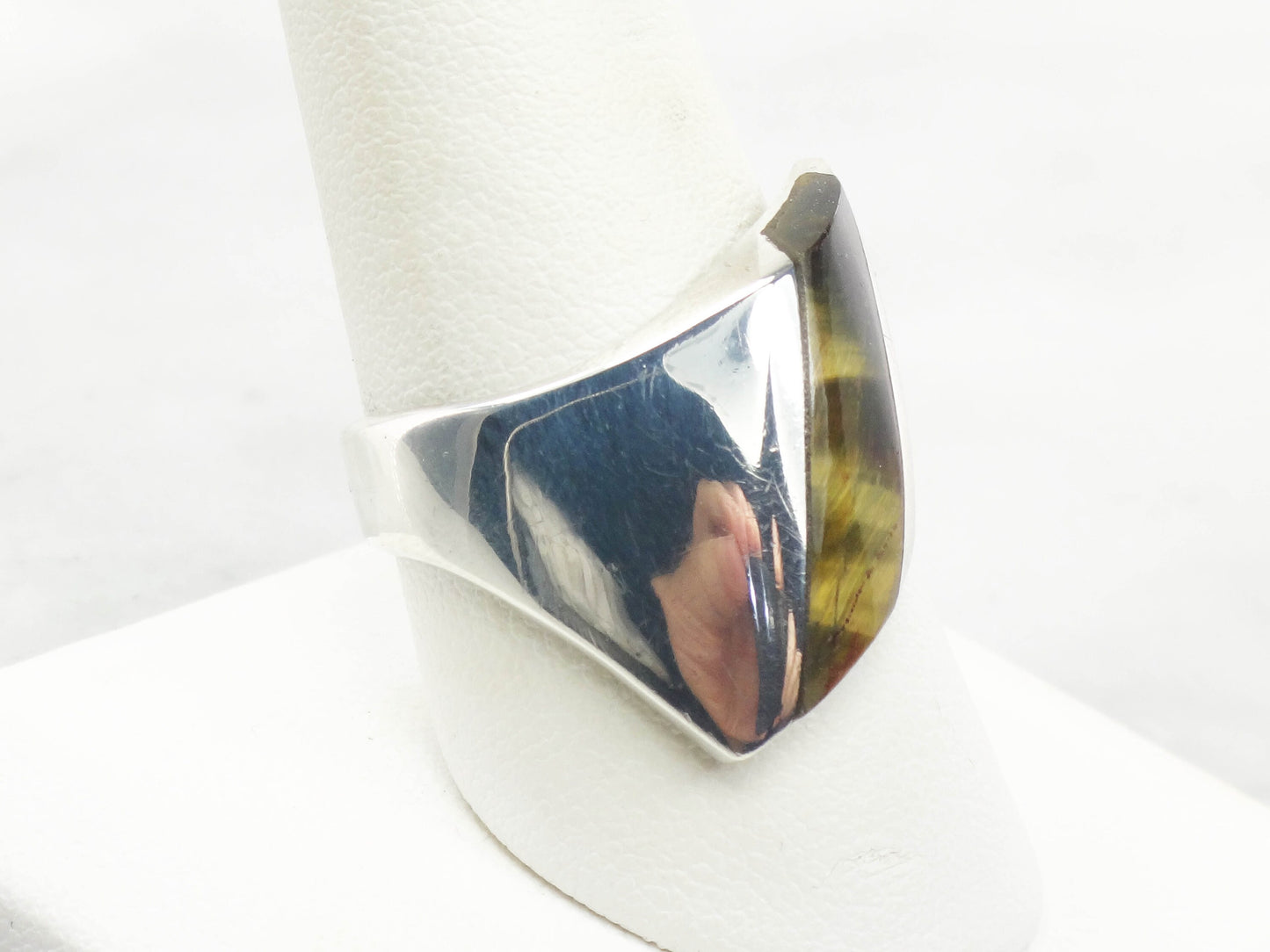 Vintage Sterling Silver Tiger Eye Ring: Mid-Century Modern Unisex Band, Size 9.75