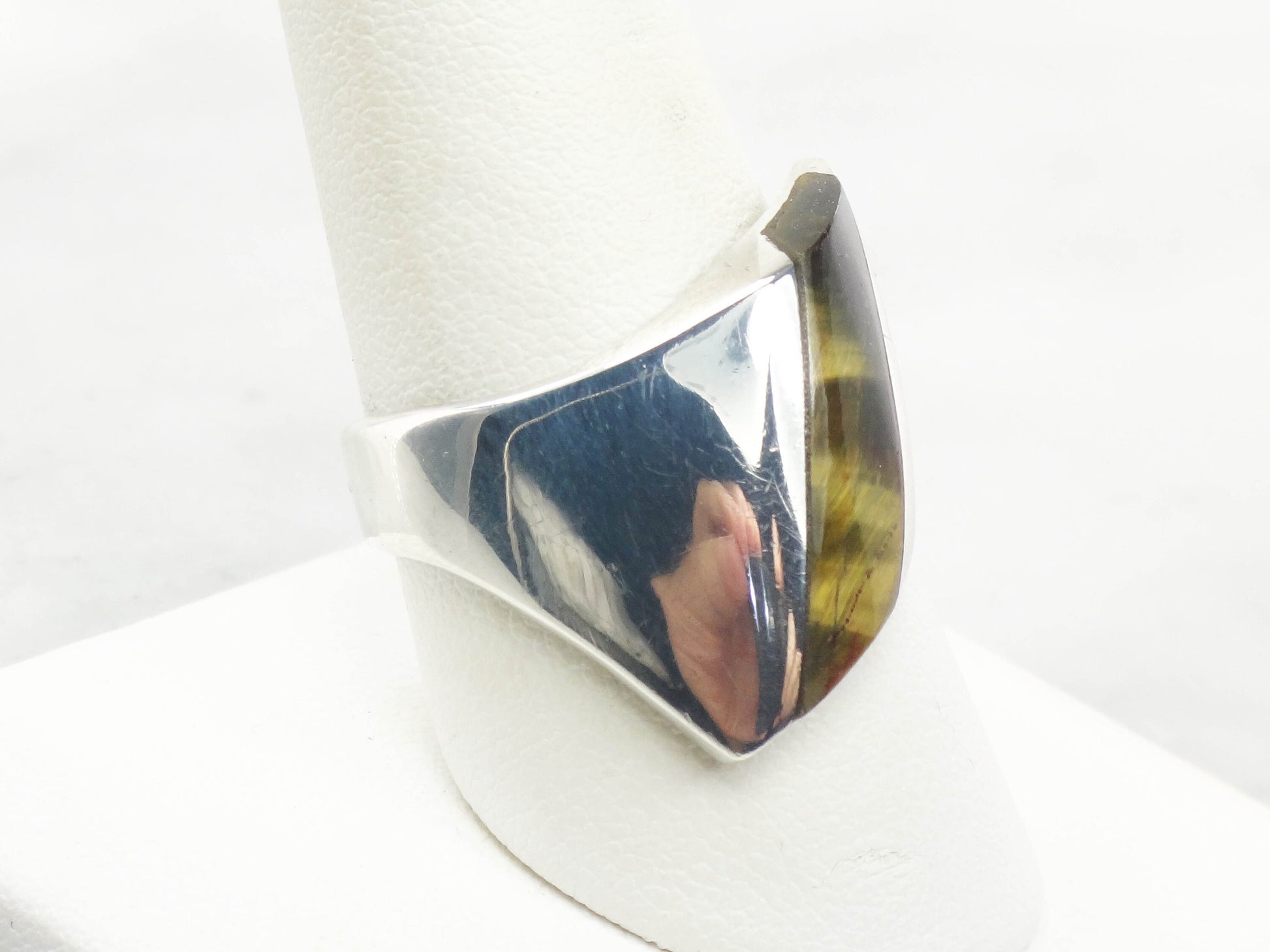 Vintage Sterling Silver Tiger Eye Ring: Mid-Century Modern Unisex Band, Size 9.75