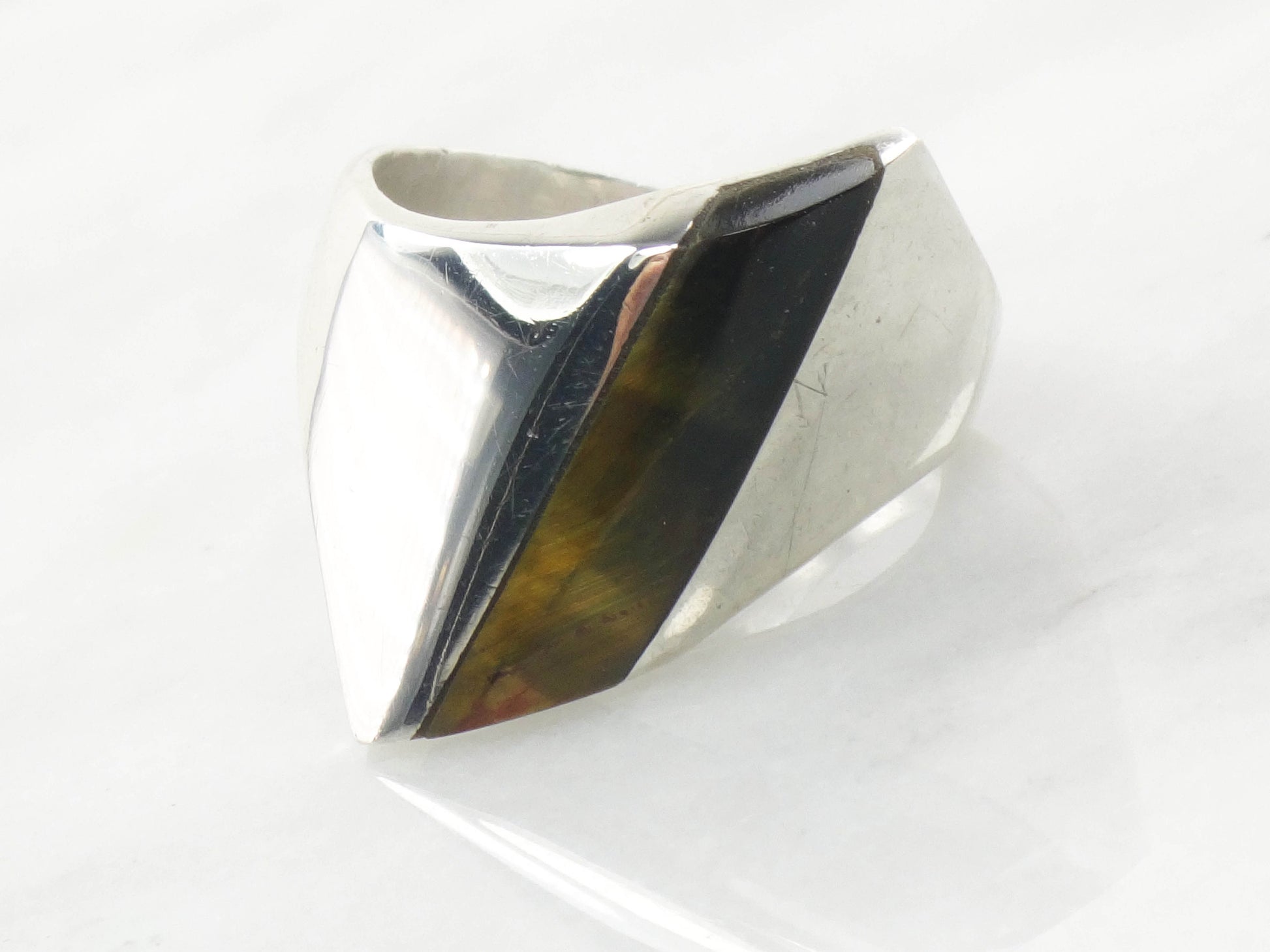 Vintage Sterling Silver Tiger Eye Ring: Mid-Century Modern Unisex Band, Size 9.75