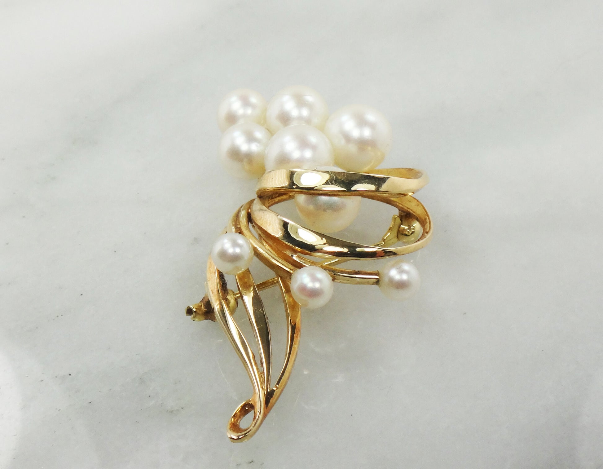 Vintage Mikimoto 14k Gold Cultured Pearl Swirl Brooch