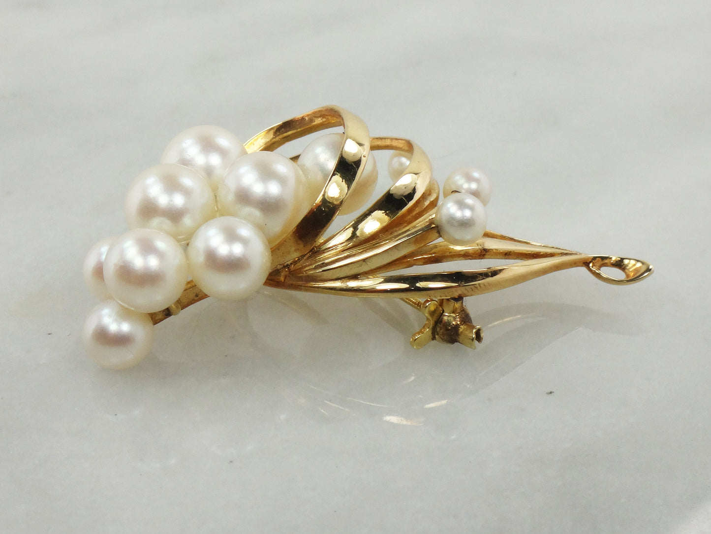 Vintage Mikimoto 14k Cultured Pearl Pin Yellow Gold Pearl Brooch Japanese Cultured Pearl Swirl Cluster Pin Bridal Pin