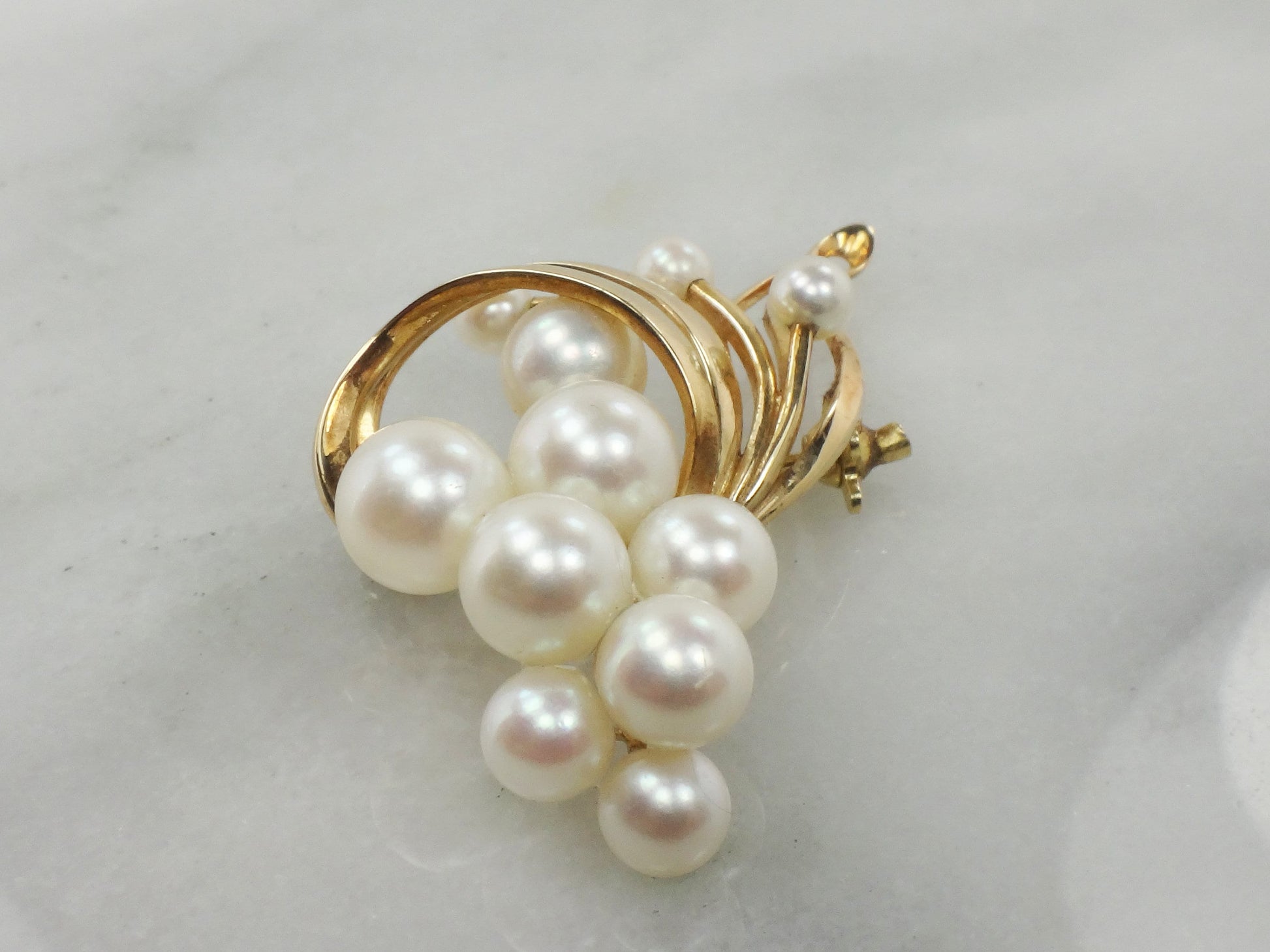 Vintage Mikimoto 14k Gold Cultured Pearl Swirl Brooch