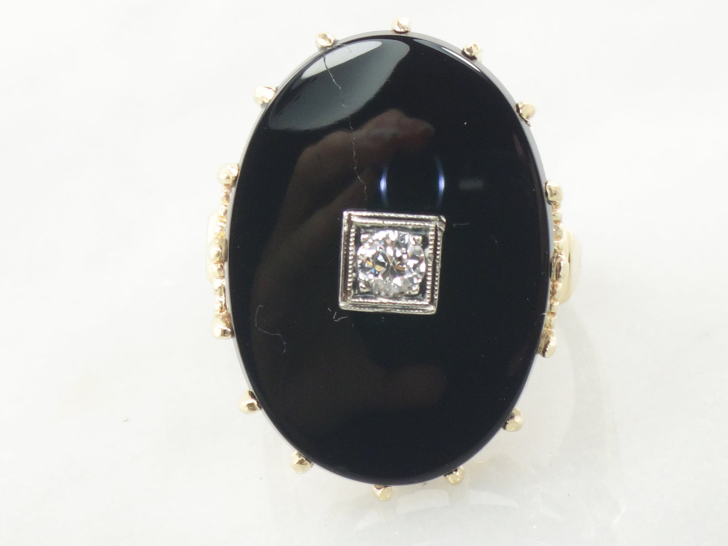 Vintage Art Deco 14k Yellow Gold Black Onyx and Diamond Ring, .20 CT European Cut Natural Diamond Size 8.75