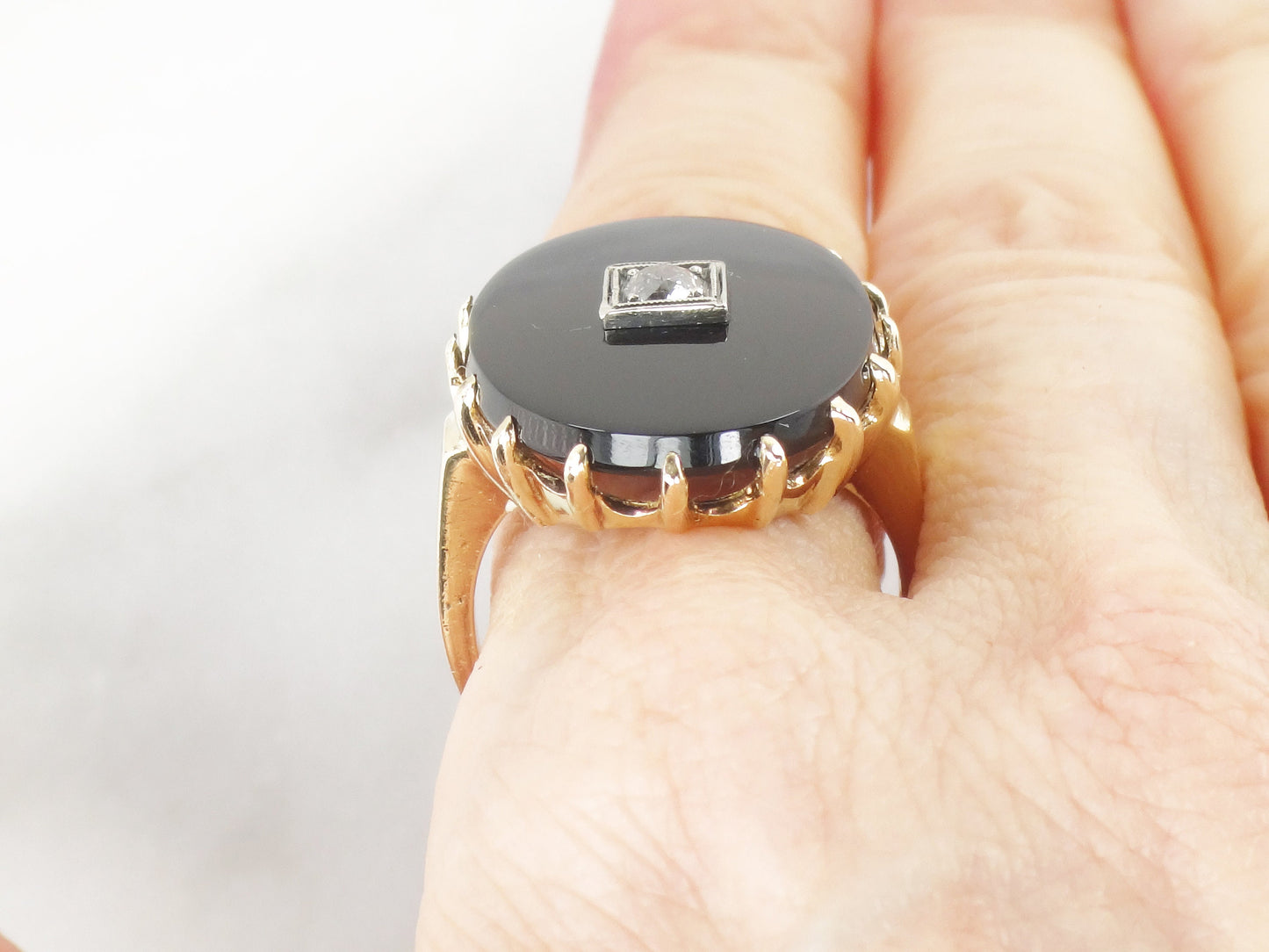 Vintage Art Deco 14k Yellow Gold Black Onyx and Diamond Ring, .20 CT European Cut Natural Diamond Size 8.75
