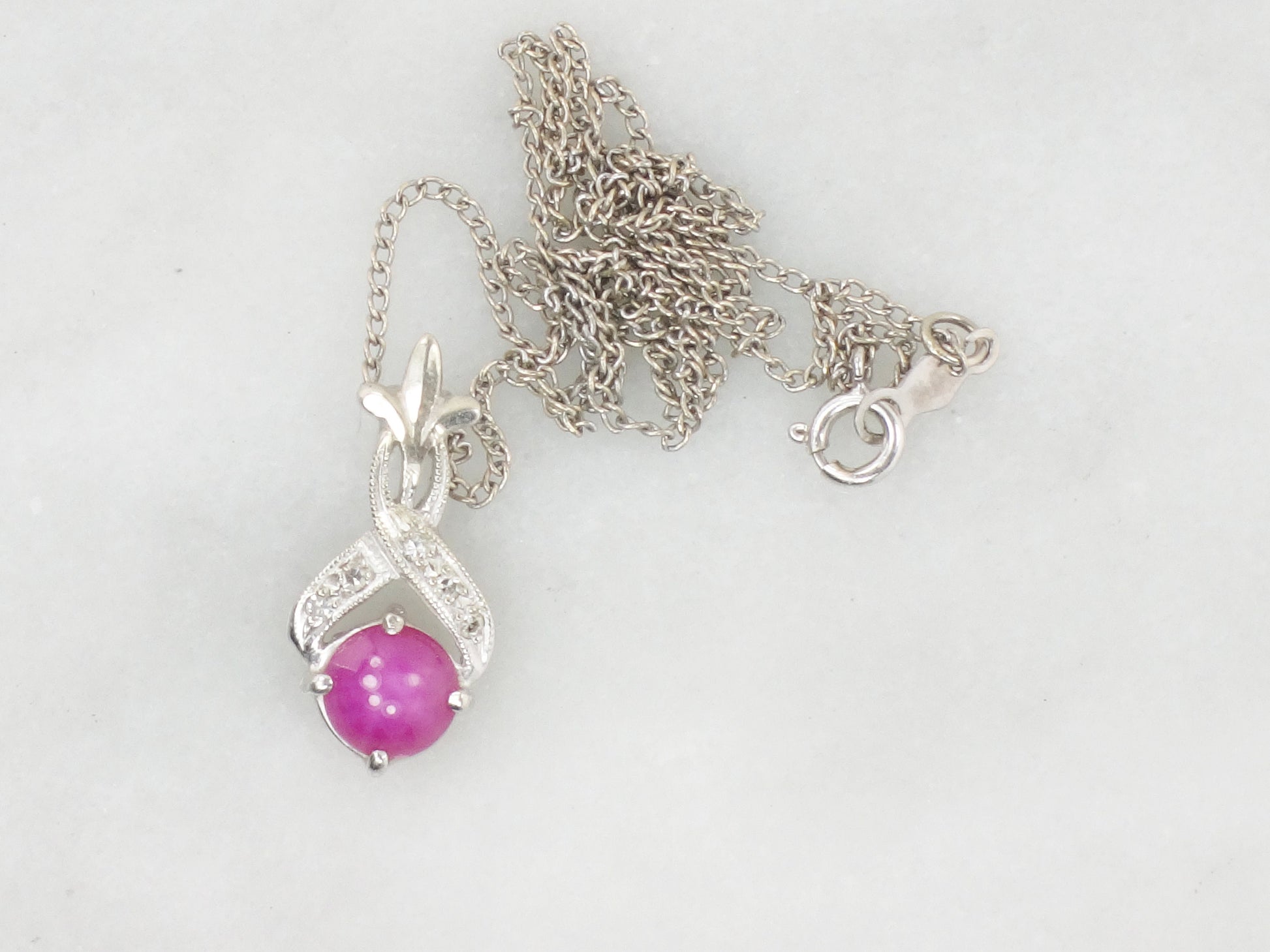 Vintage 14k White Gold Star Ruby and Diamond Pendant Necklace, Red July Birthstone, 15.25"