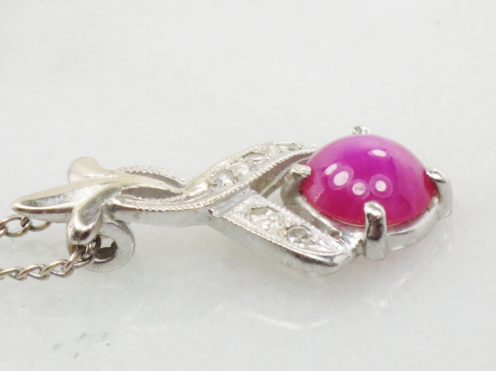 Vintage 14k White Gold Star Ruby and Diamond Pendant Necklace, Red July Birthstone, 15.25"