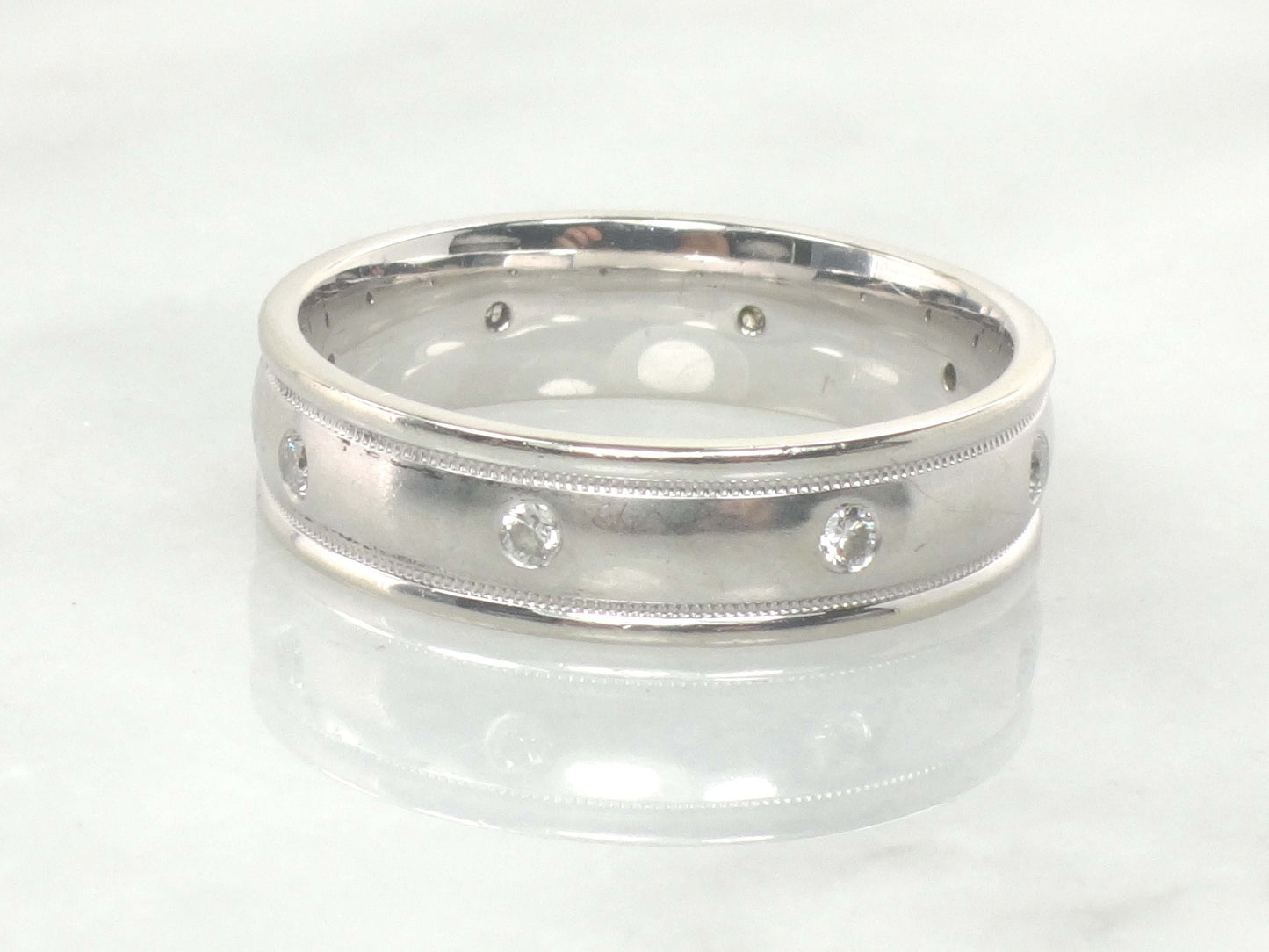 Vintage Art Carved 14k White Gold Natural Diamond Wedding Band Mens Diamond Wedding Ring Large Size 12.5