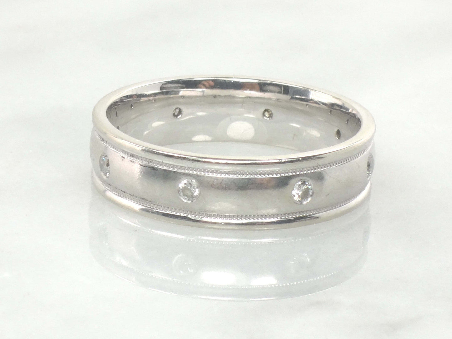 Vintage Art Carved 14k White Gold Diamond Wedding Band, Size 12.5
