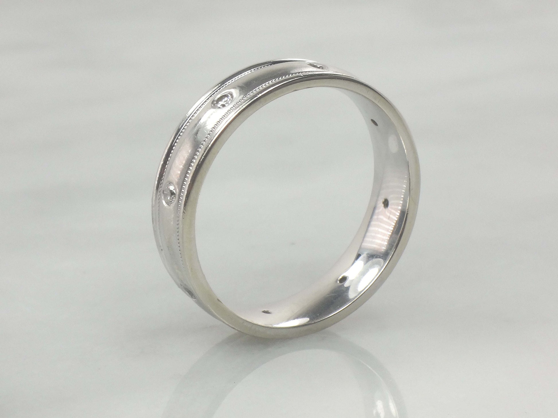 Vintage Art Carved 14k White Gold Diamond Wedding Band, Size 12.5