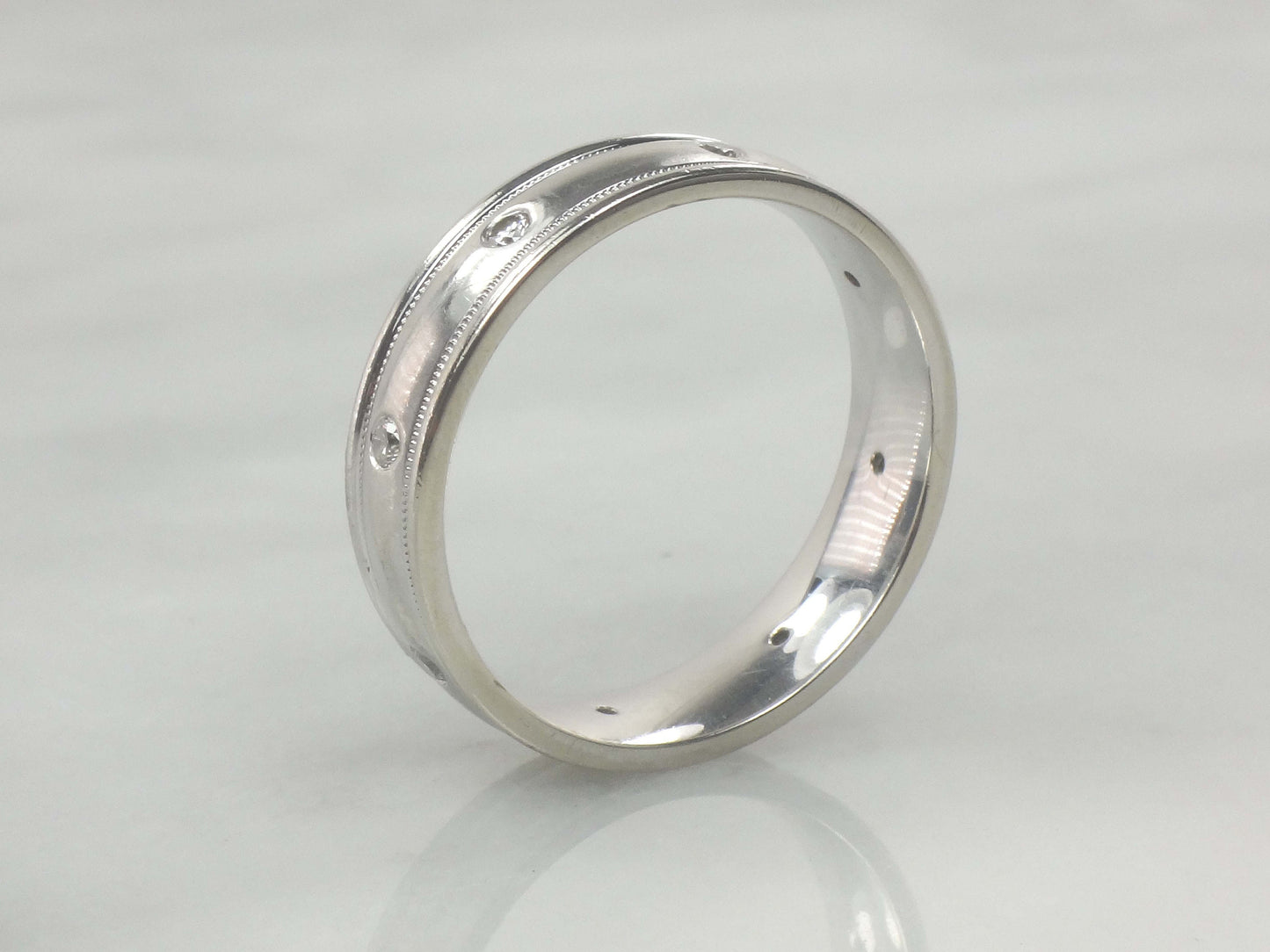 Vintage Art Carved 14k White Gold Diamond Wedding Band, Size 12.5