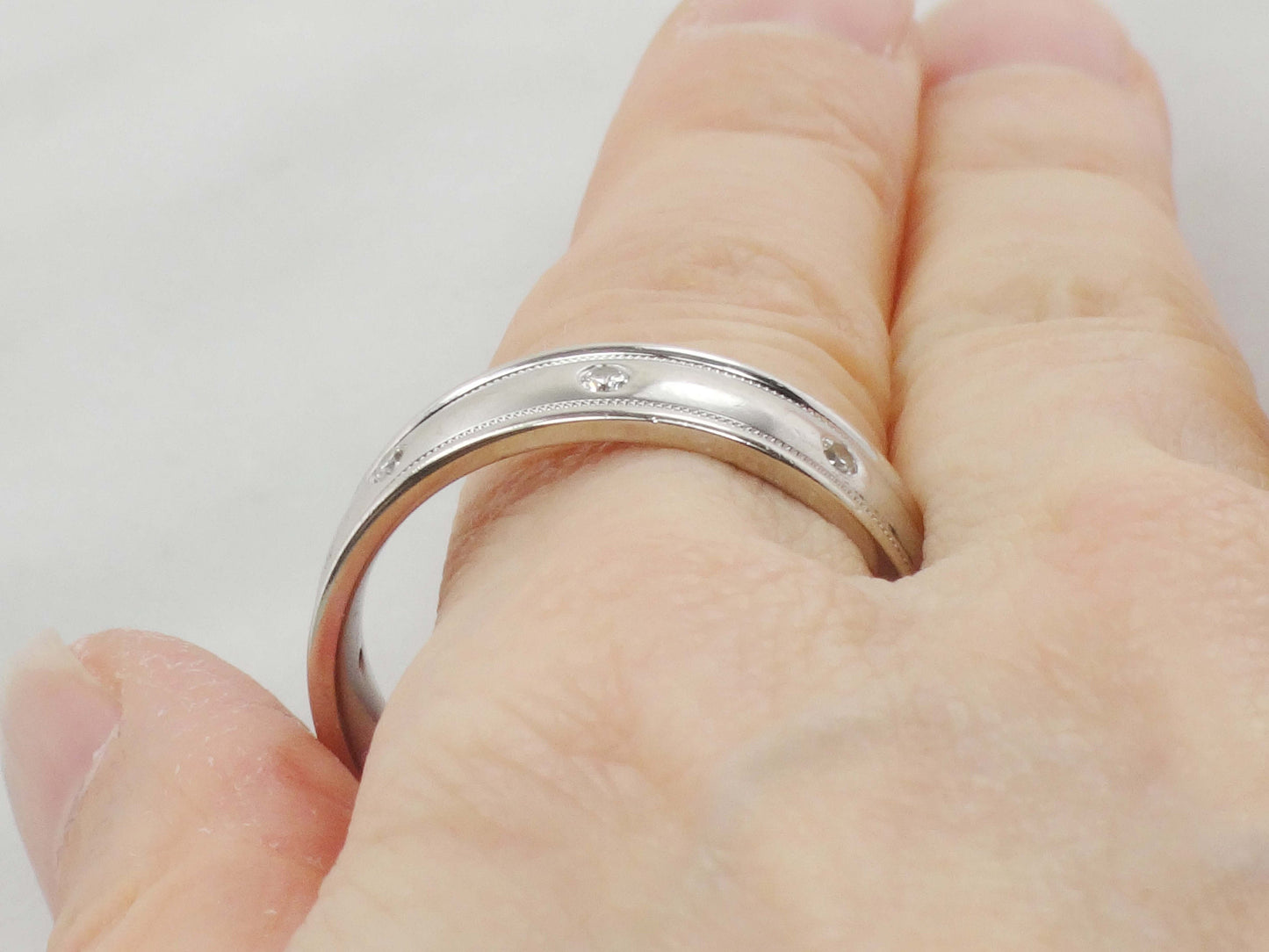 Vintage Art Carved 14k White Gold Diamond Wedding Band, Size 12.5