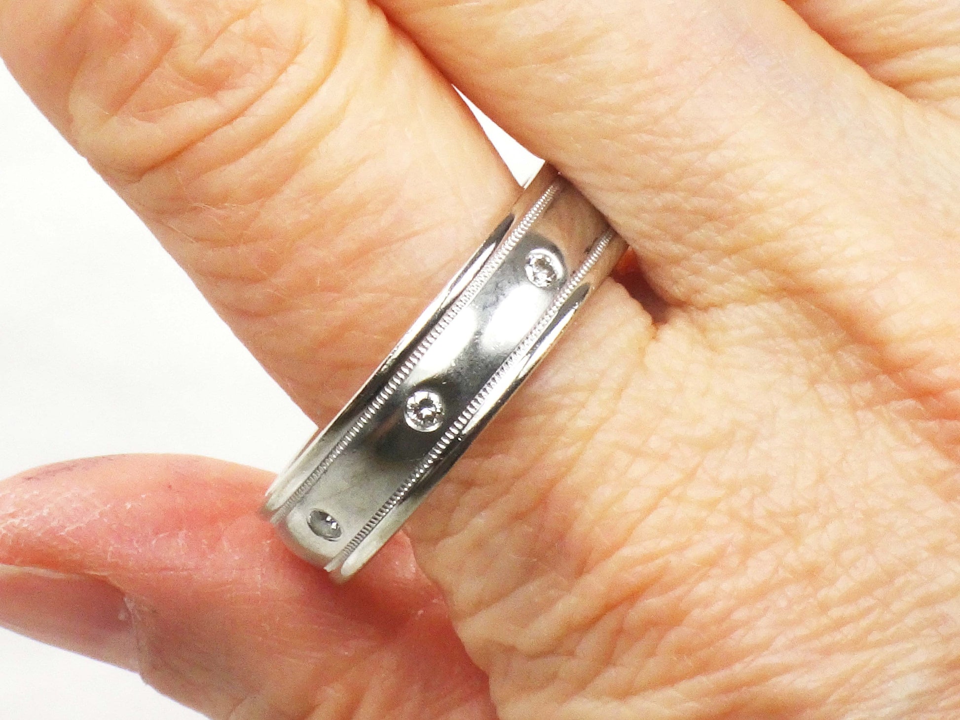 Vintage Art Carved 14k White Gold Diamond Wedding Band, Size 12.5