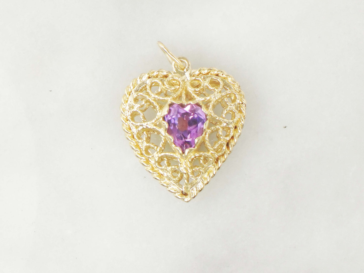 Vintage 14k Yellow Gold Purple Sapphire Filigree Heart Pendant, Puffy Heart Charm