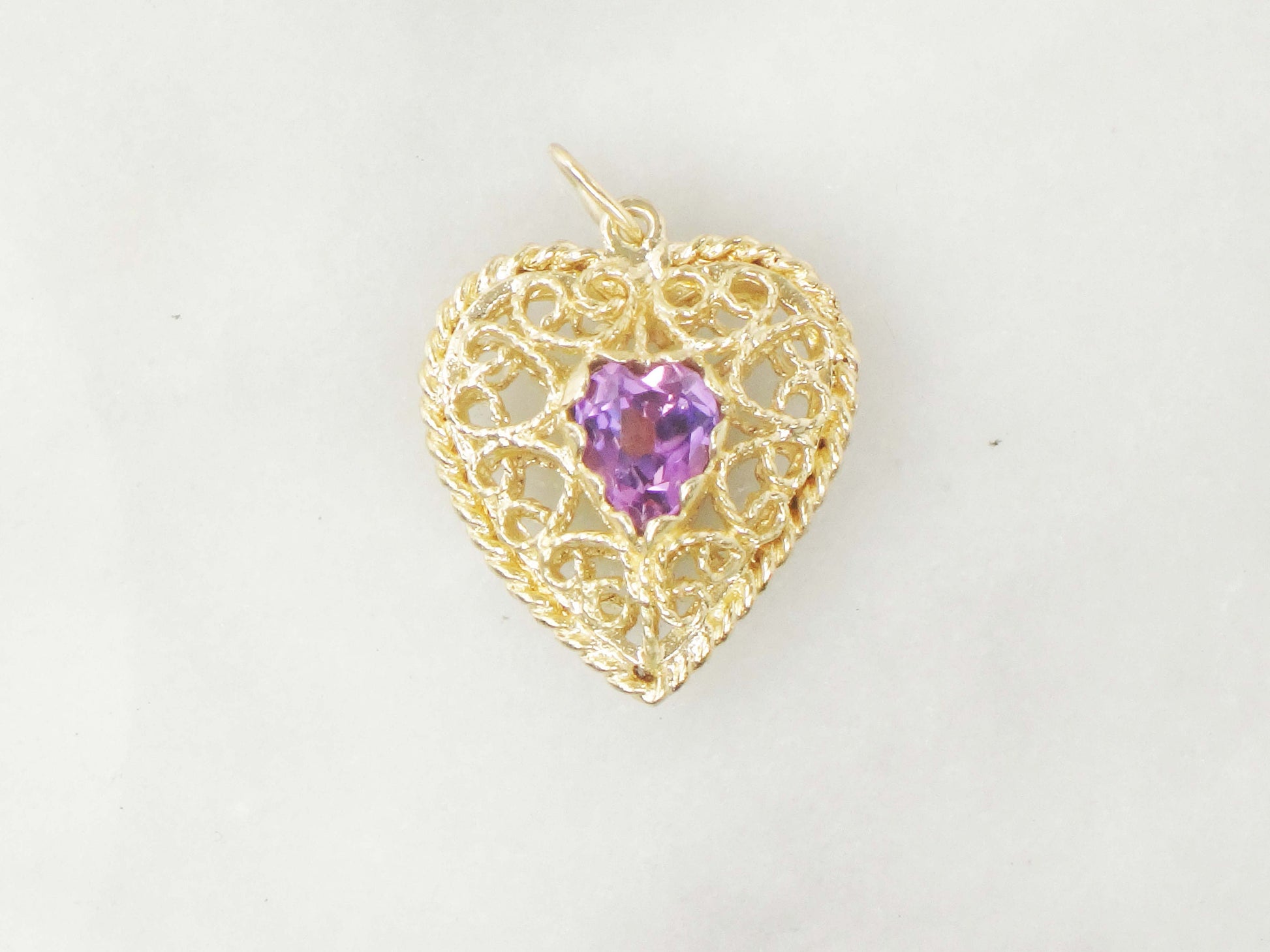 Vintage 14k Yellow Gold Purple Sapphire Filigree Heart Pendant, Puffy Heart Charm