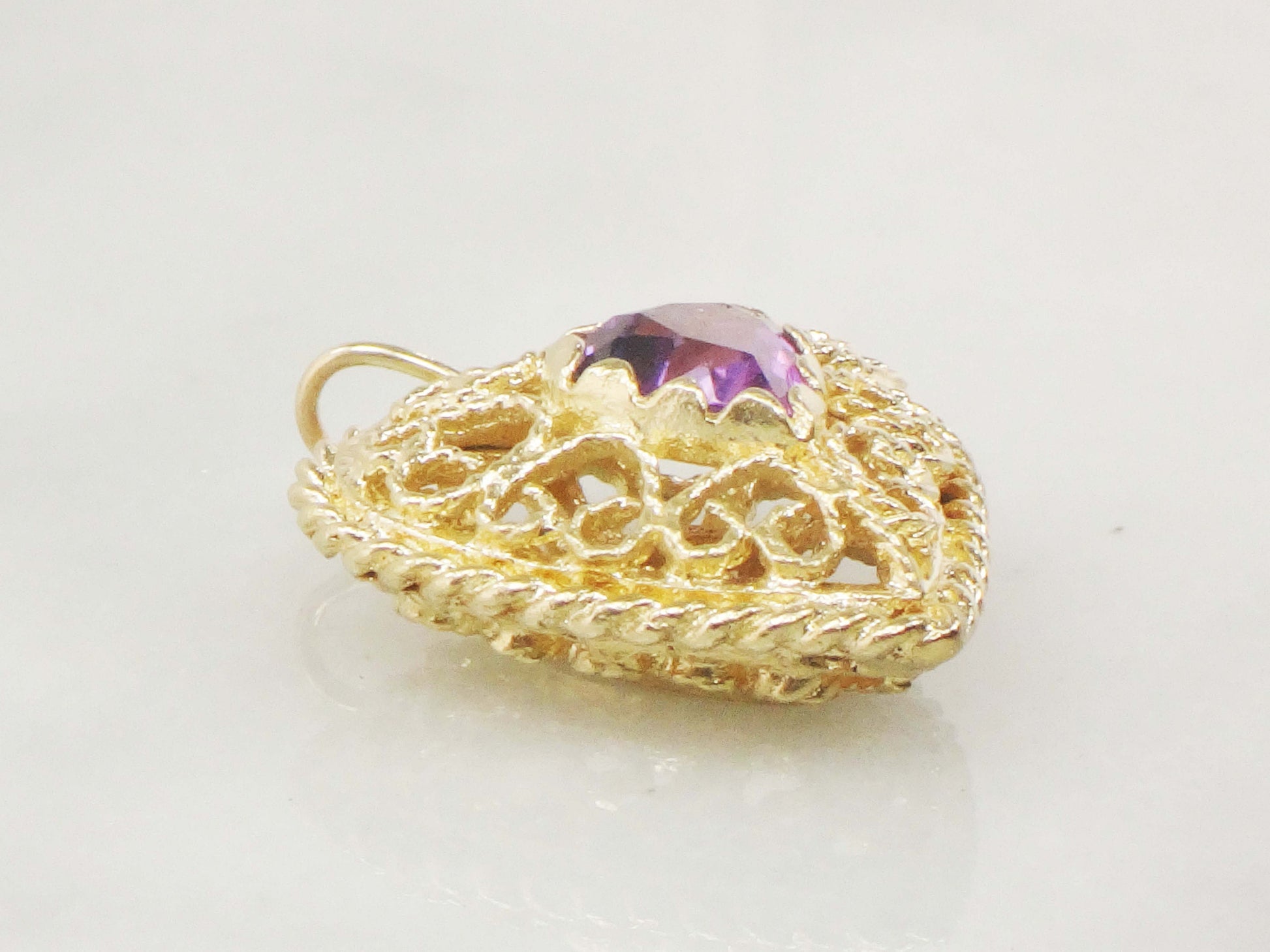 Vintage 14k Yellow Gold Purple Sapphire Filigree Heart Pendant, Puffy Heart Charm