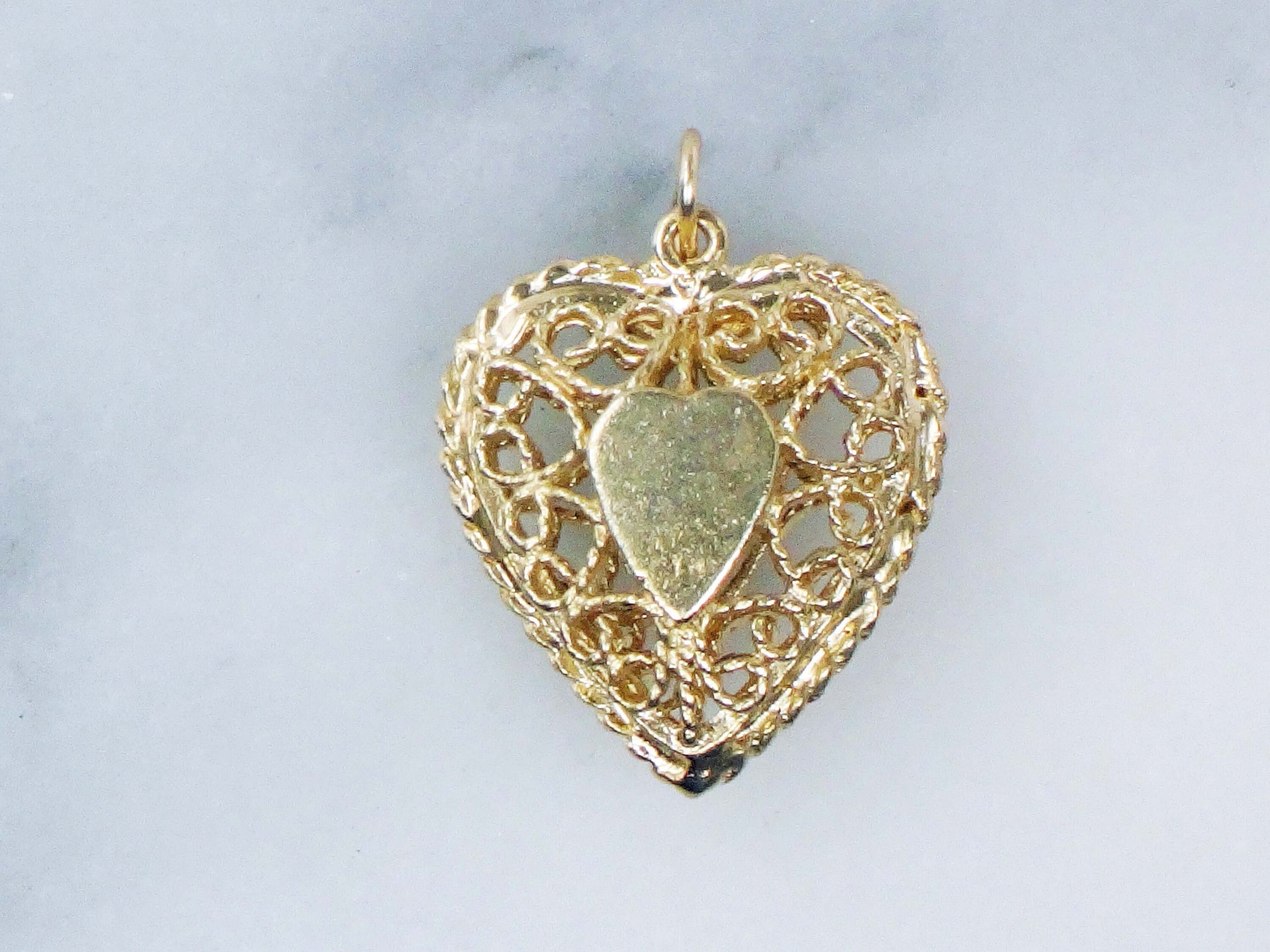 Vintage 14k Yellow Gold Purple Sapphire Filigree Heart Pendant, Puffy Heart Charm