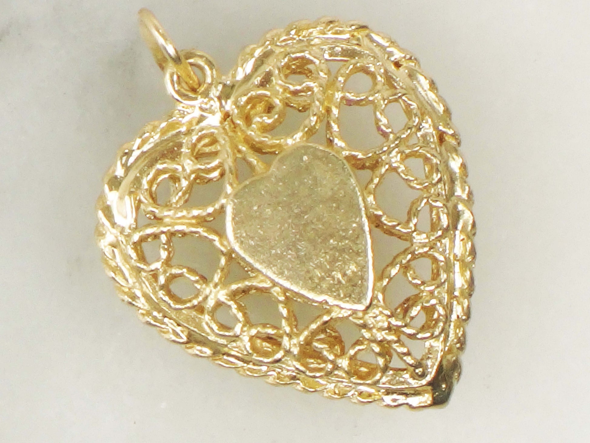 Vintage 14k Yellow Gold Purple Sapphire Filigree Heart Pendant, Puffy Heart Charm