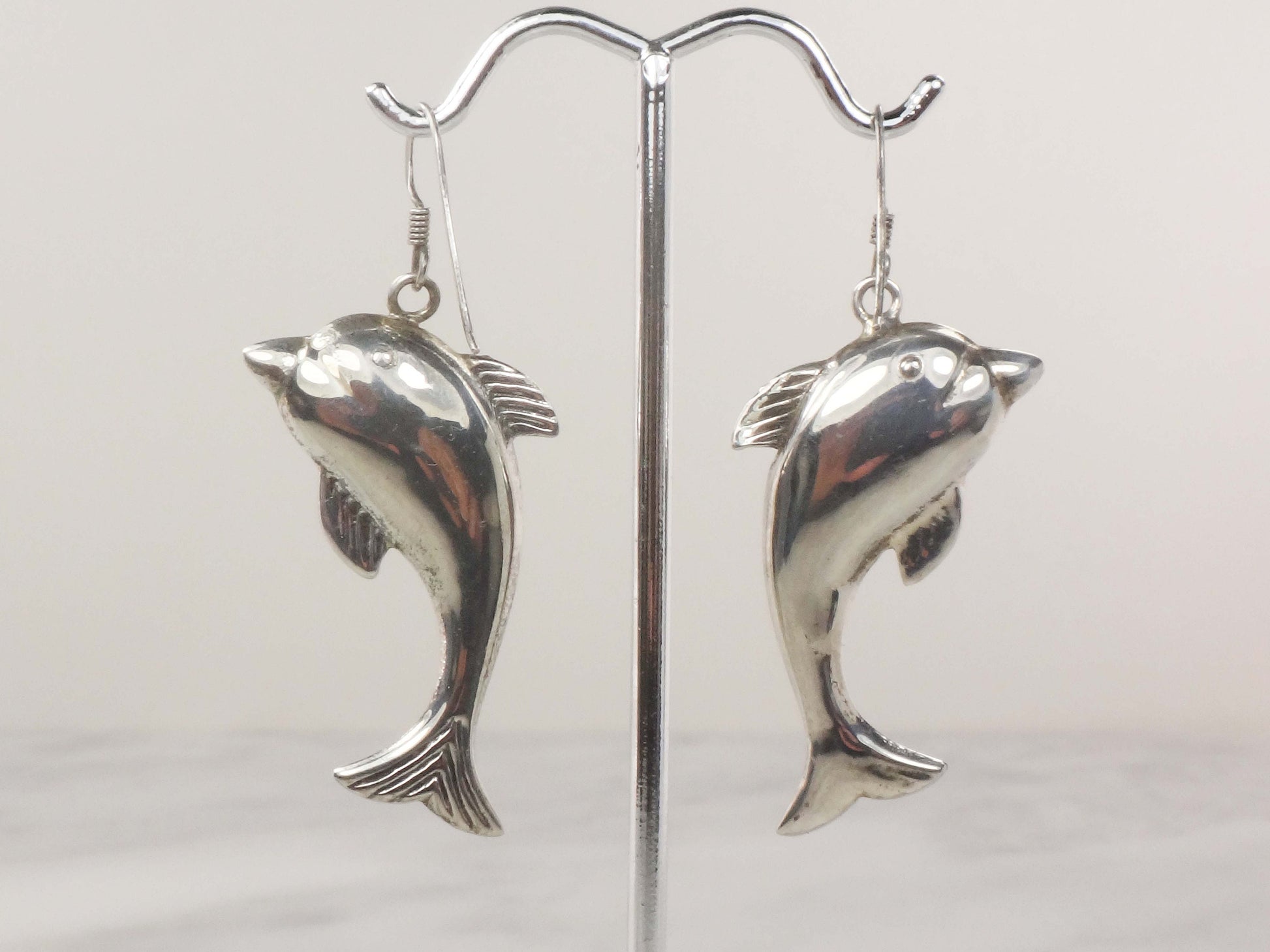 Vintage Sterling Silver Dolphin Earrings: 3D Puffed Sea Life Dangles