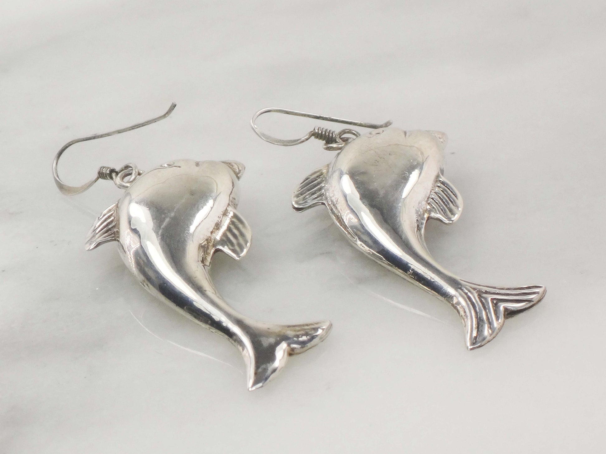 Vintage Sterling Silver Dolphin Earrings: 3D Puffed Sea Life Dangles