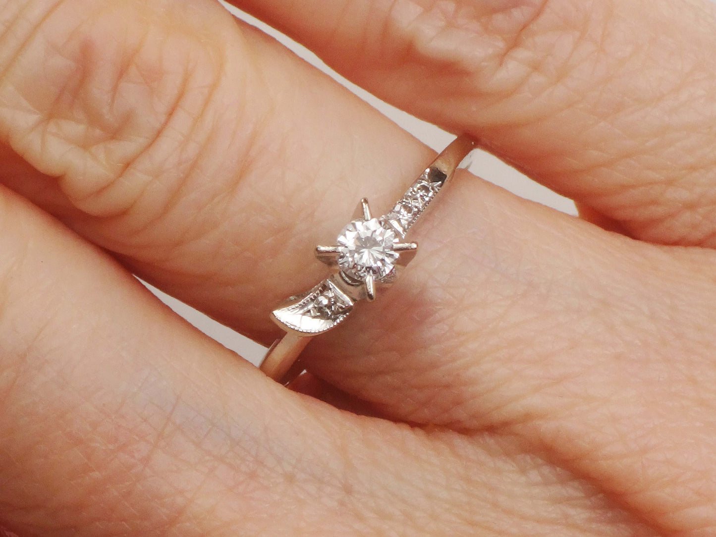 Vintage 4k White Gold Natural Diamond Engagement Ring, .16 Carat Round Diamond Size 5 3/4