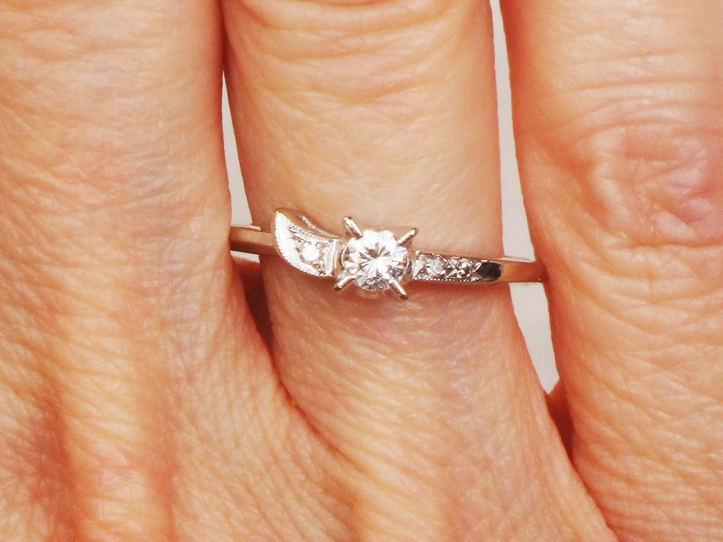 Vintage 4k White Gold Natural Diamond Engagement Ring, .16 Carat Round Diamond Size 5 3/4
