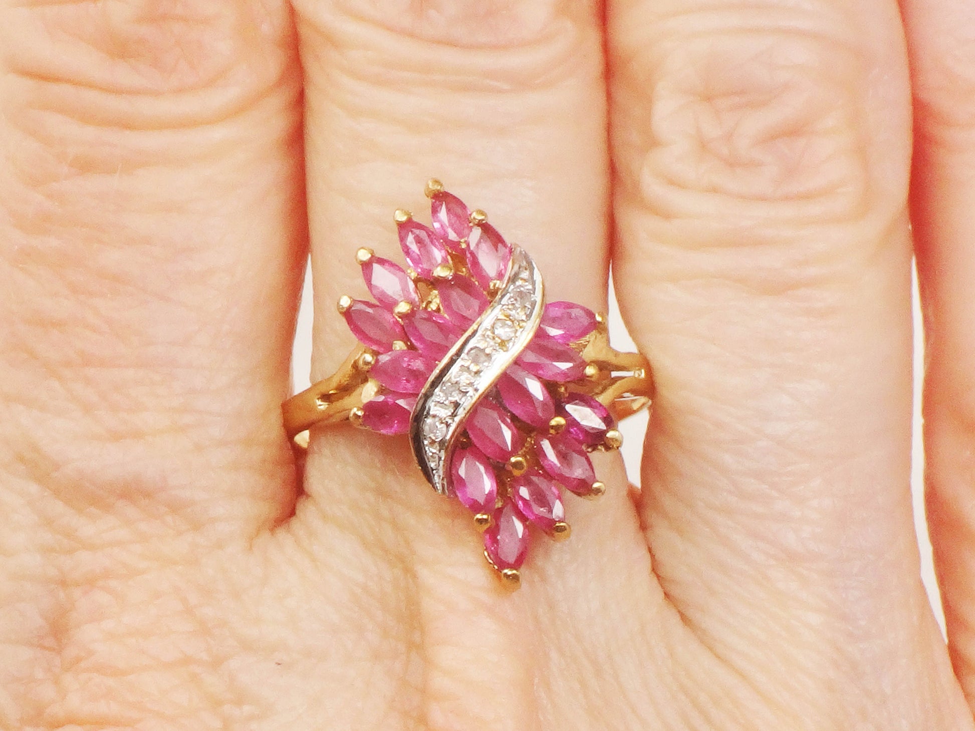 Vintage 10k Natural Ruby and Diamond Ring, Solid Gold Samuel Aaron Red Stone Ring, July Birthstone Cluster Ring Size 8.75