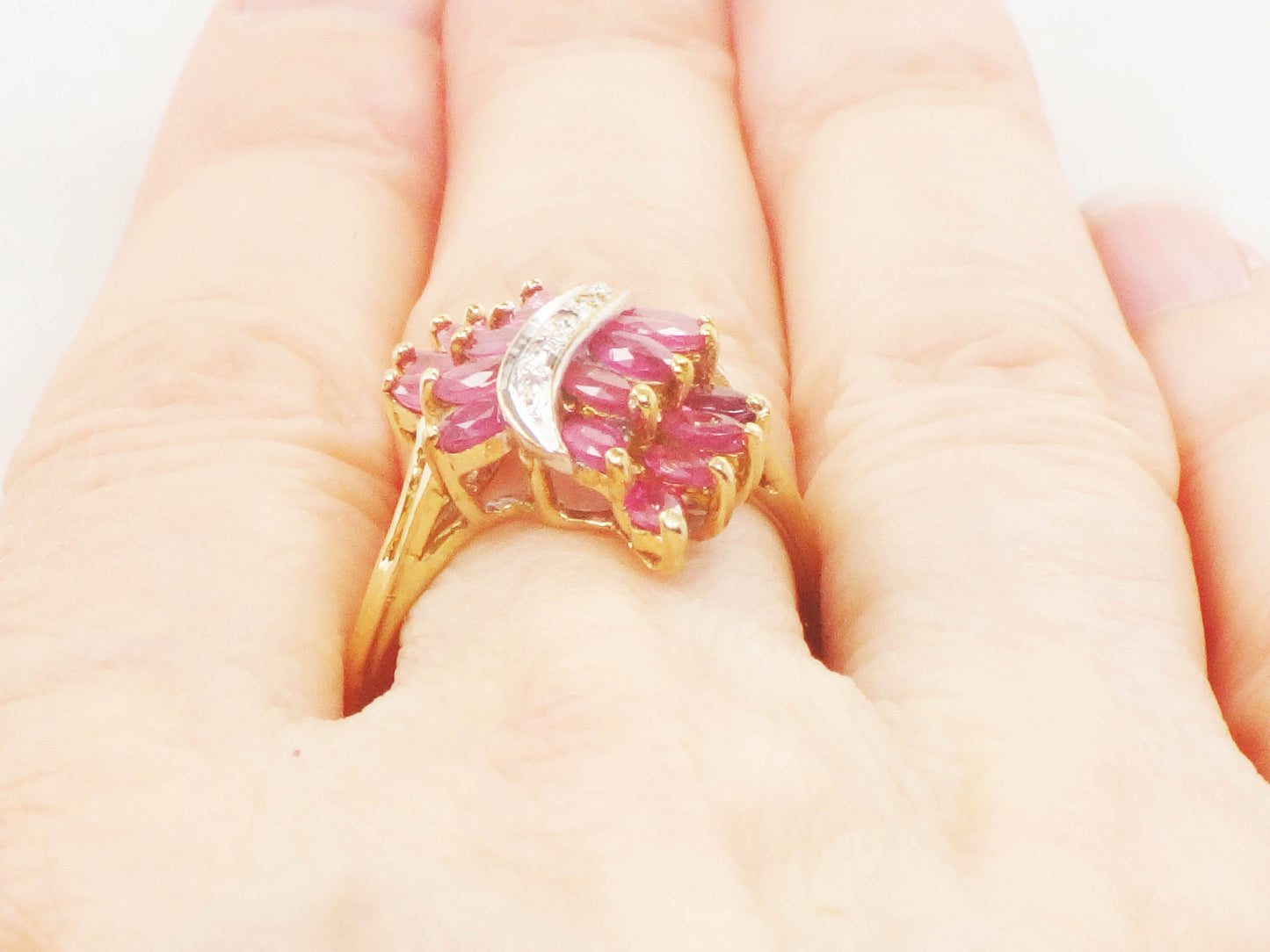 Vintage 10k Natural Ruby and Diamond Ring, Solid Gold Samuel Aaron Red Stone Ring, July Birthstone Cluster Ring Size 8.75