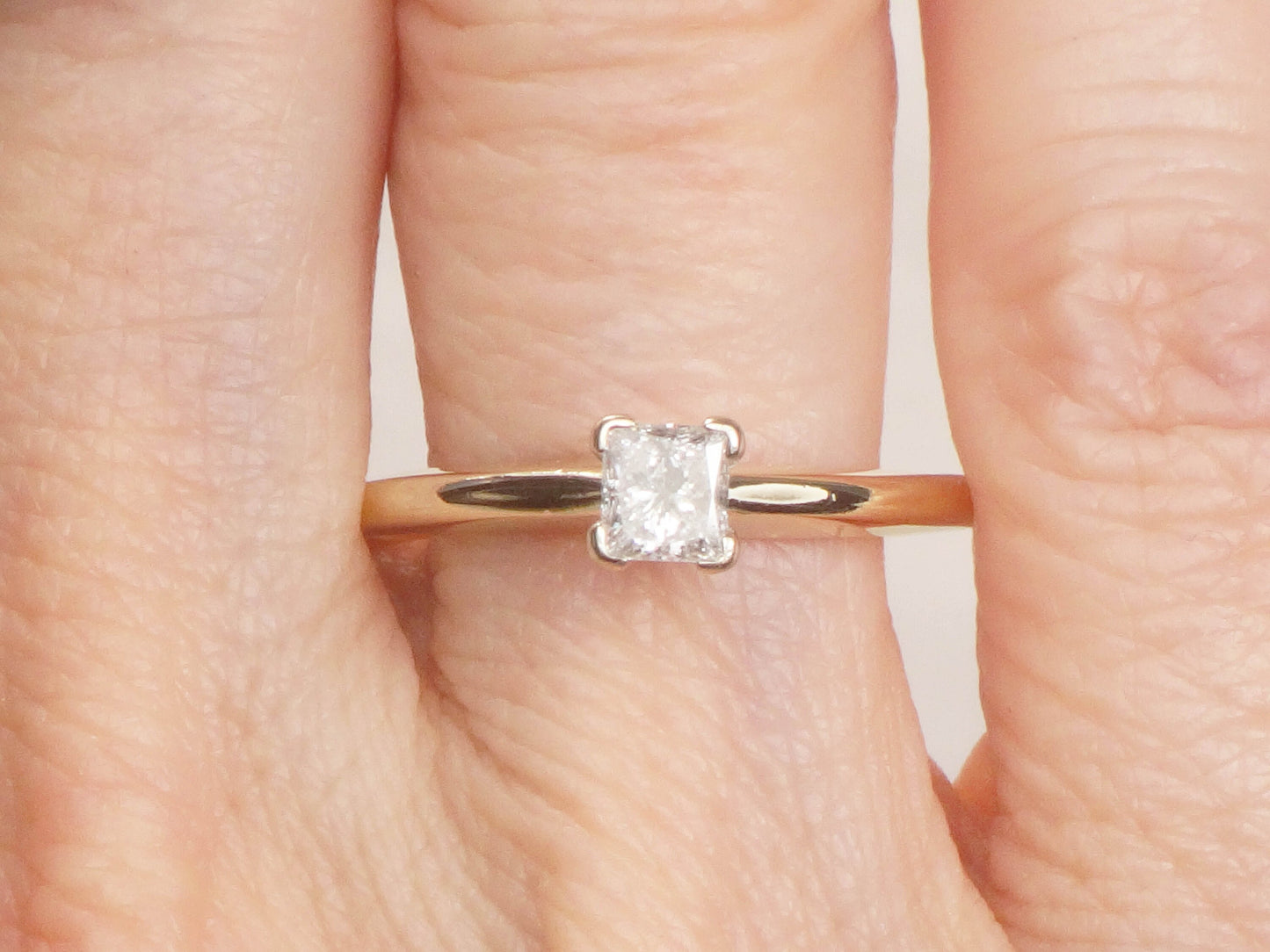 Vintage 14k Princess Cut Natural Diamond Engagement Ring Two Tone Gold Square Diamond Ring .33 CT Diamond Size 8.75