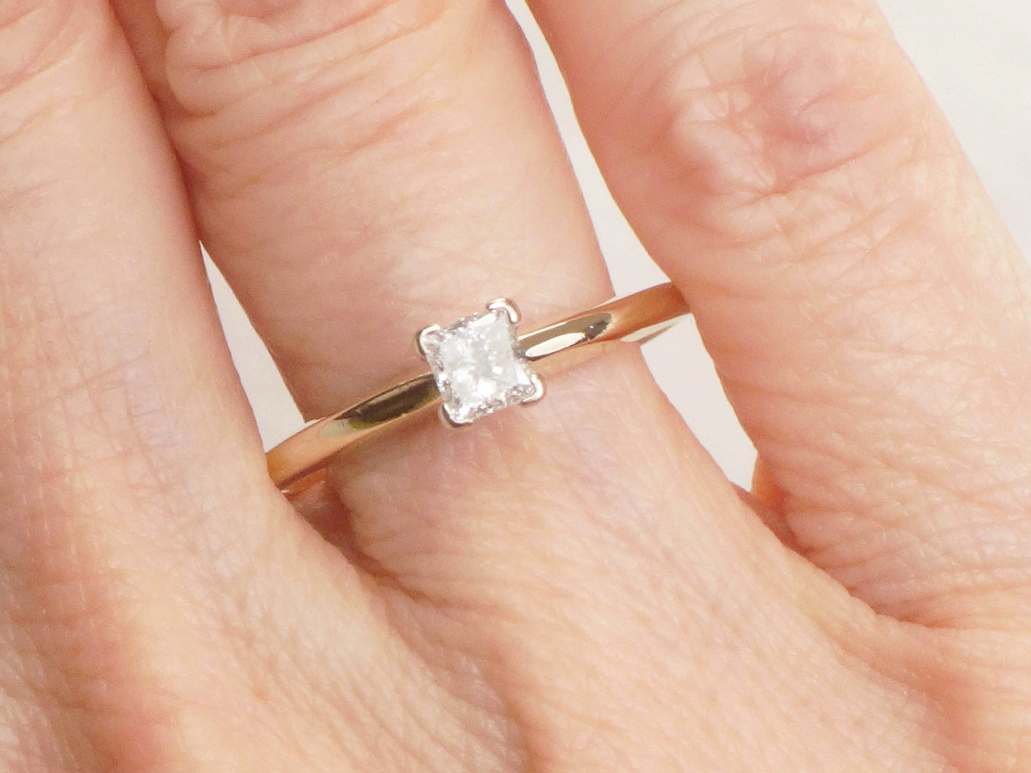 Vintage 14k Princess Cut Natural Diamond Engagement Ring Two Tone Gold Square Diamond Ring .33 CT Diamond Size 8.75
