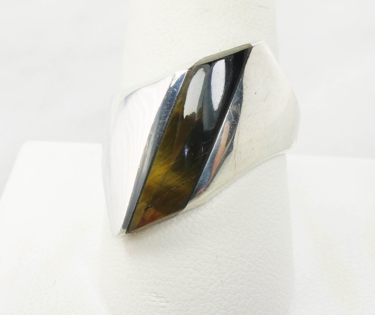 Vintage Sterling Silver Tiger Eye Ring: Mid-Century Modern Unisex Band, Size 9.75