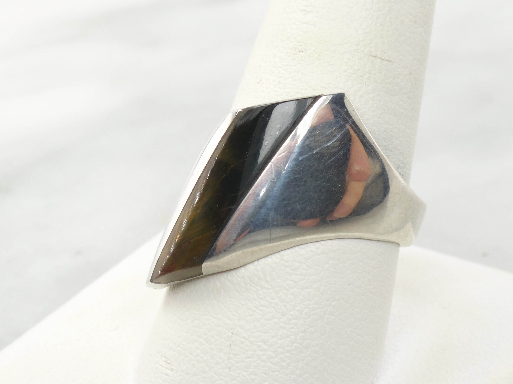 Vintage Sterling Silver Tiger Eye Ring: Mid-Century Modern Unisex Band, Size 9.75