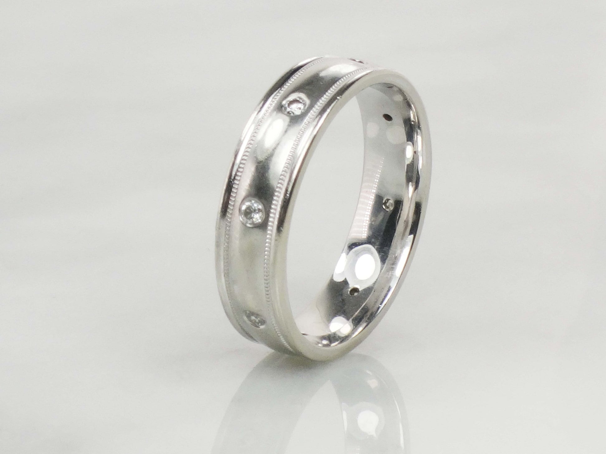 Vintage Art Carved 14k White Gold Diamond Wedding Band, Size 12.5