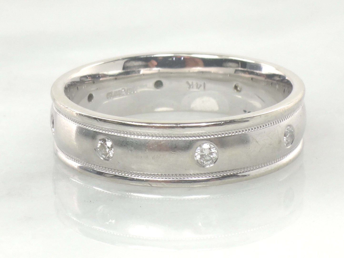 Vintage Art Carved 14k White Gold Diamond Wedding Band, Size 12.5