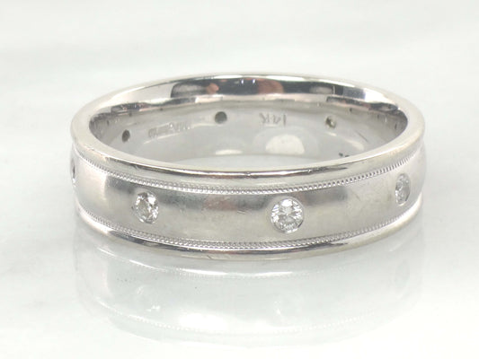 Vintage Art Carved 14k White Gold Diamond Wedding Band, Size 12.5