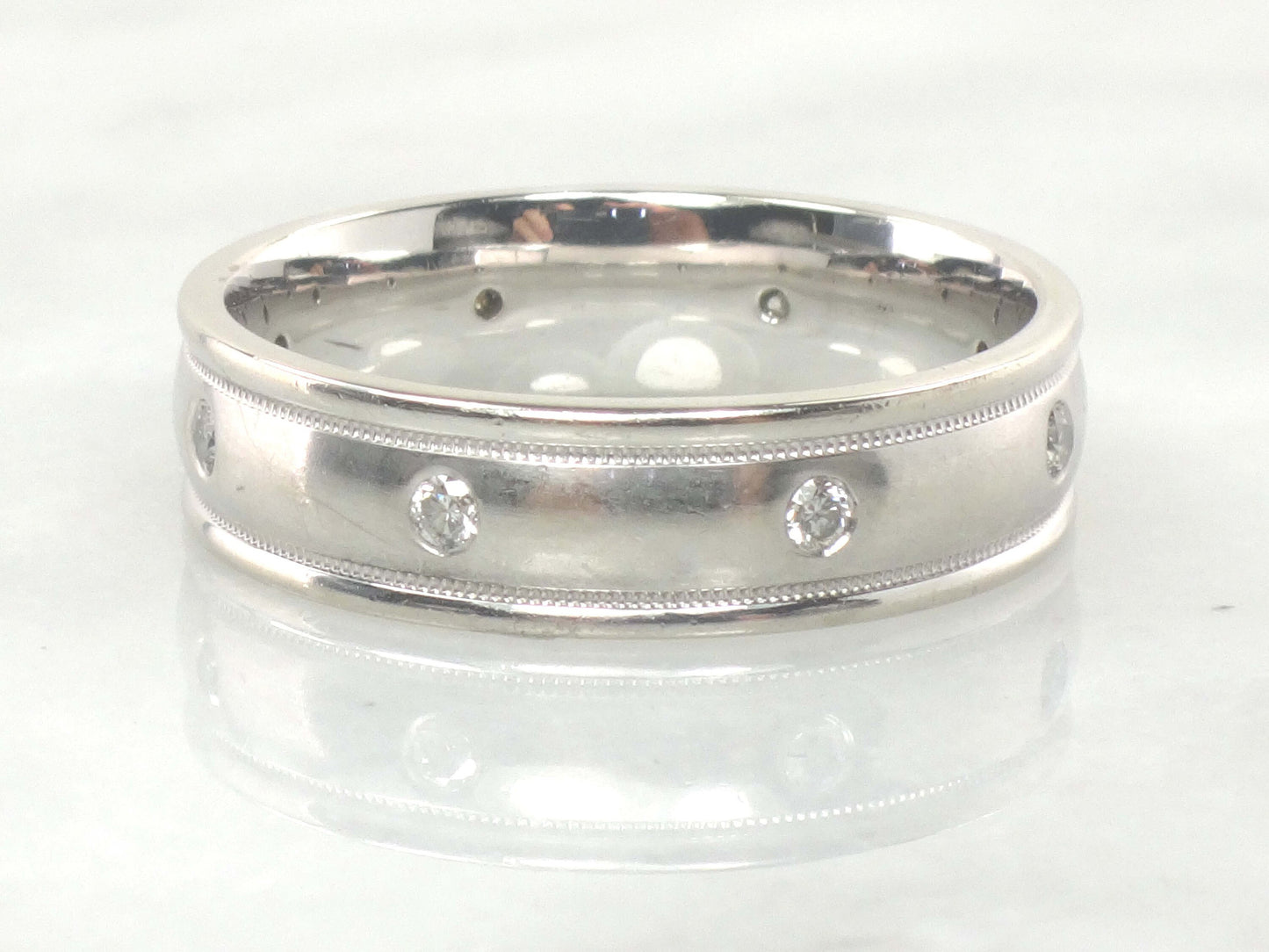 Vintage Art Carved 14k White Gold Natural Diamond Wedding Band Mens Diamond Wedding Ring Large Size 12.5