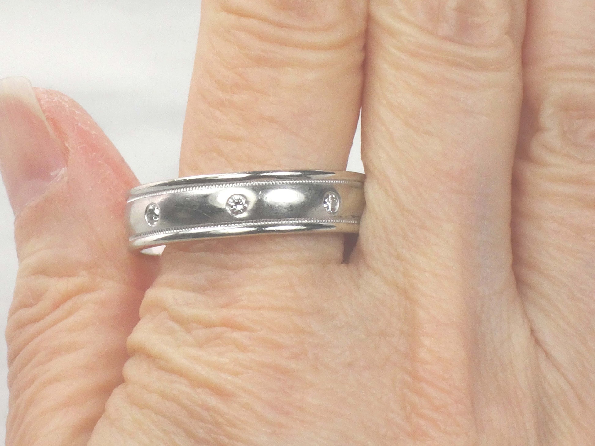 Vintage Art Carved 14k White Gold Diamond Wedding Band, Size 12.5