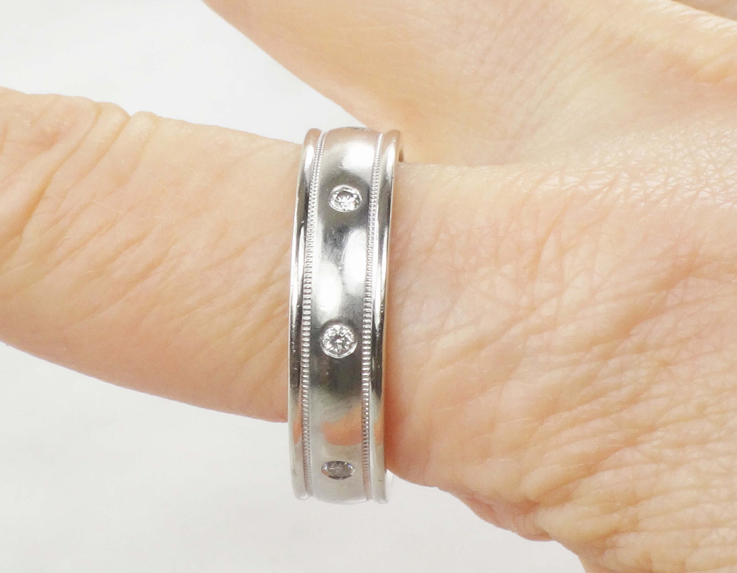 Vintage Art Carved 14k White Gold Diamond Wedding Band, Size 12.5