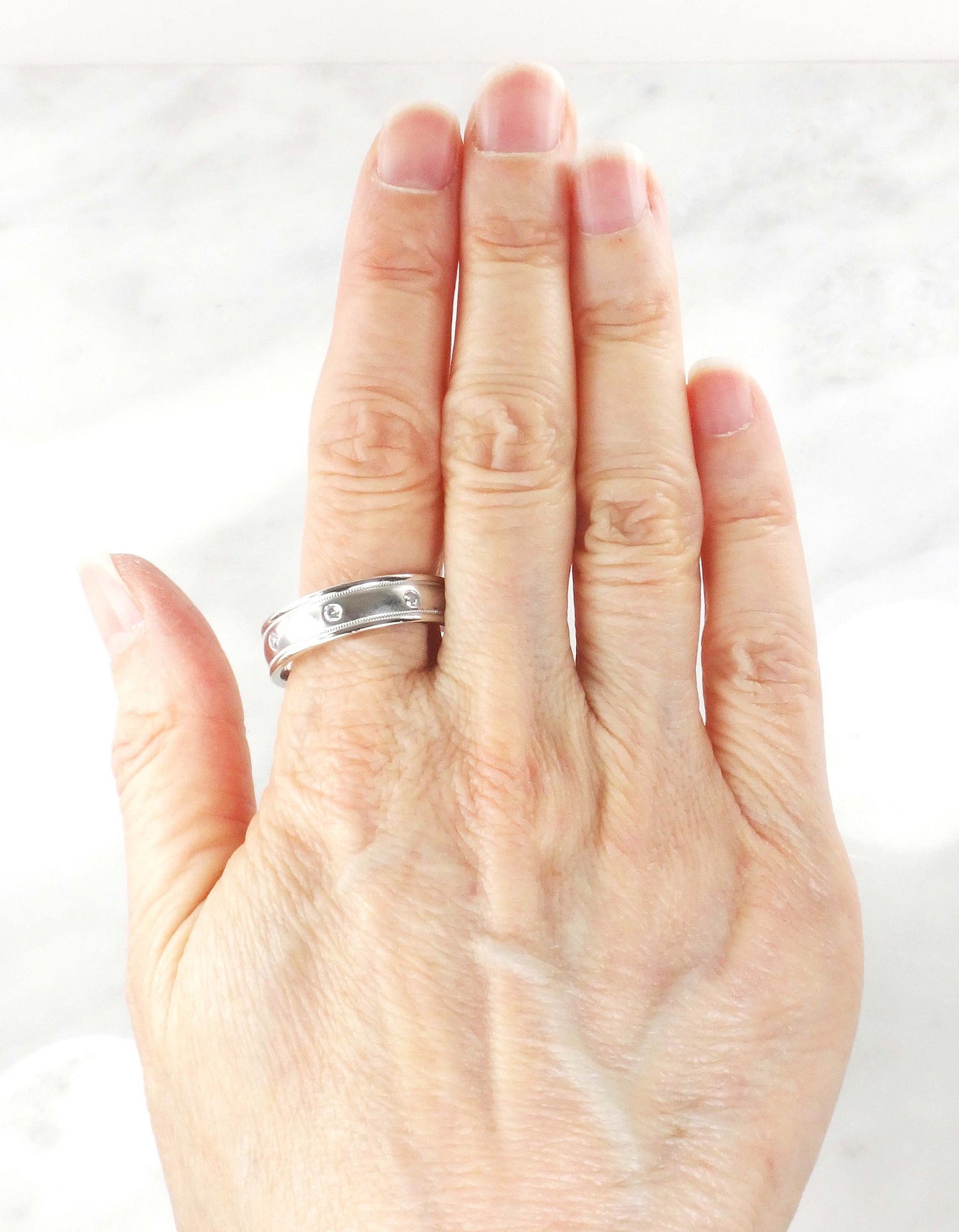 Vintage Art Carved 14k White Gold Diamond Wedding Band, Size 12.5