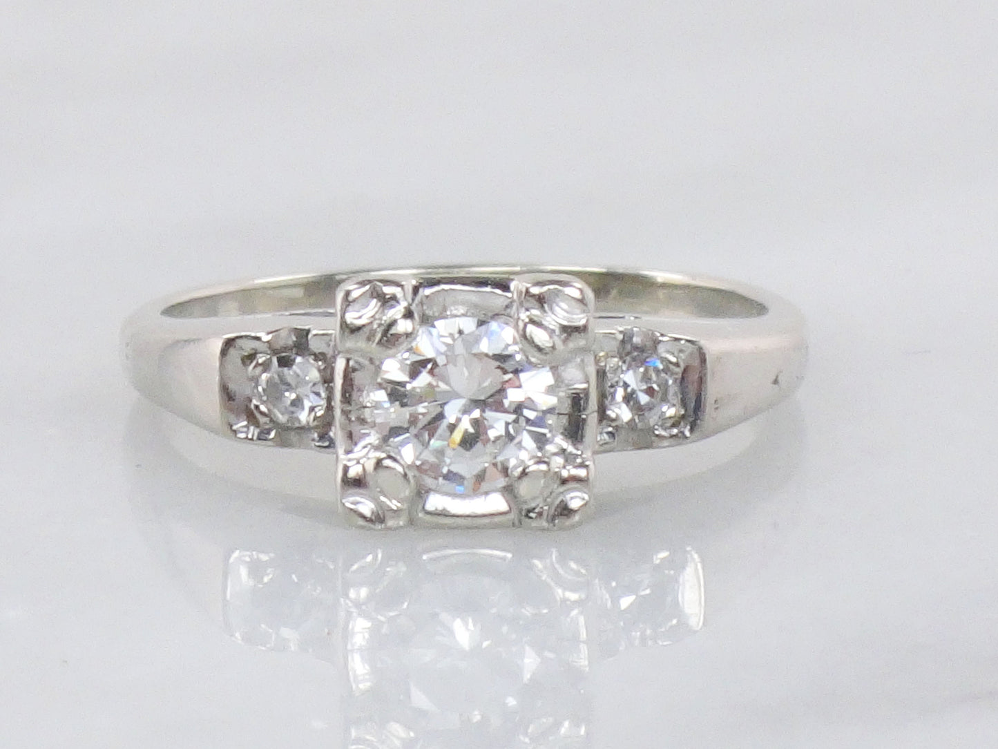 Vintage 14k White Gold Natural Diamond Engagement Ring Approx .45 Carat Center High Quality Diamonds Size 6.5