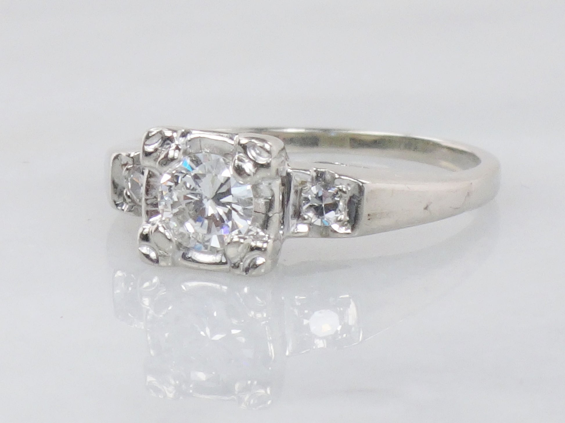 Vintage 14k White Gold Natural Diamond Engagement Ring Approx .45 Carat Center High Quality Diamonds Size 6.5