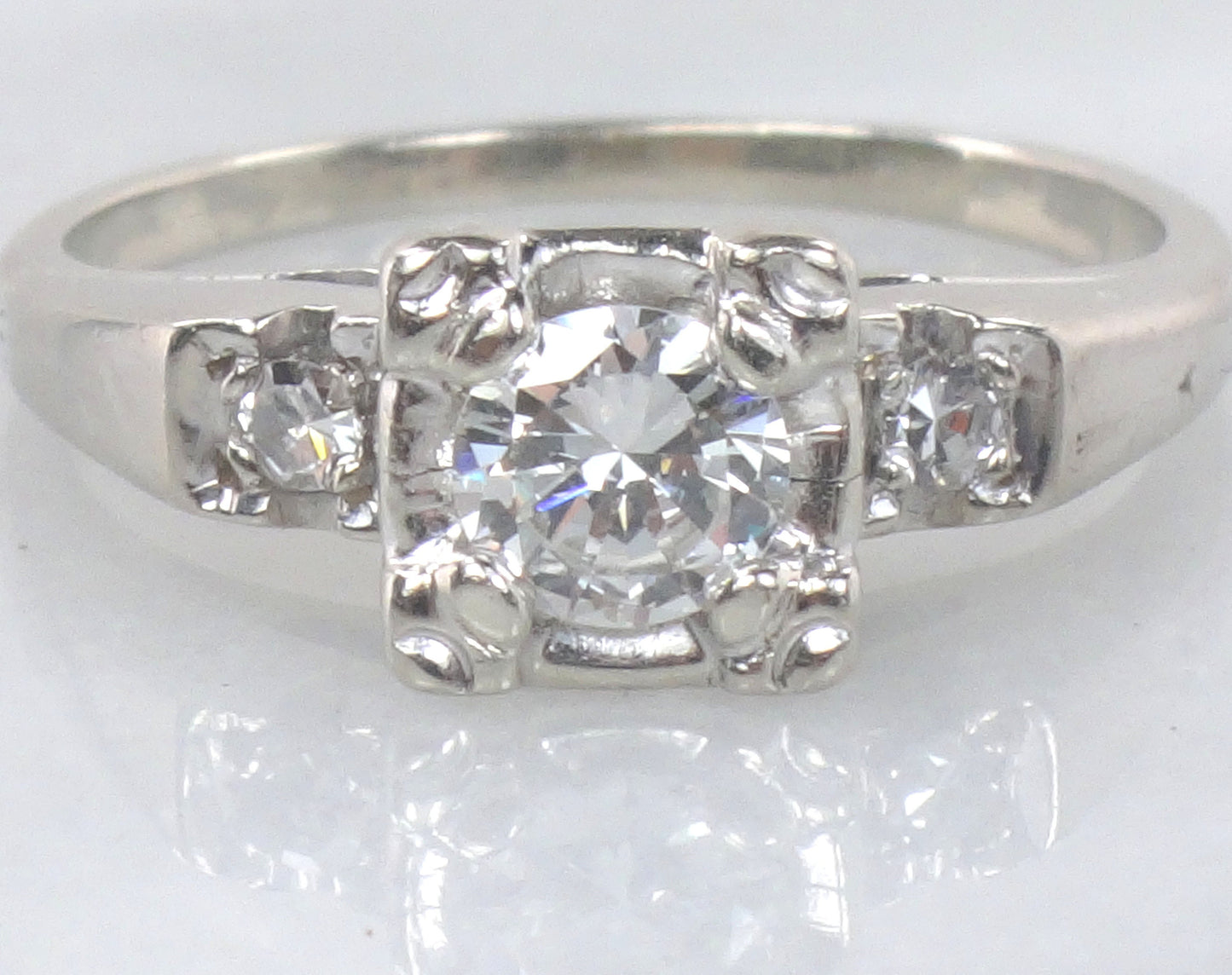 Vintage 14k White Gold Natural Diamond Engagement Ring Approx .45 Carat Center High Quality Diamonds Size 6.5